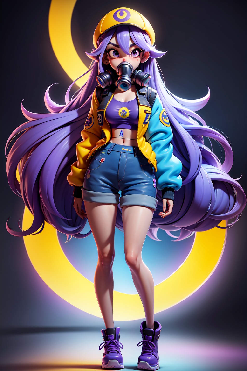 a 3D animated character with a vibrant purple hue. The character has long, wavy blue hair, large expressive eyes, and is wearing a blue jacket with a yellow graffiti design. The character also sports a yellow cap with the word 'BIG' written on it and a gas mask covering the lower half of their face, masterpiece,best quality,