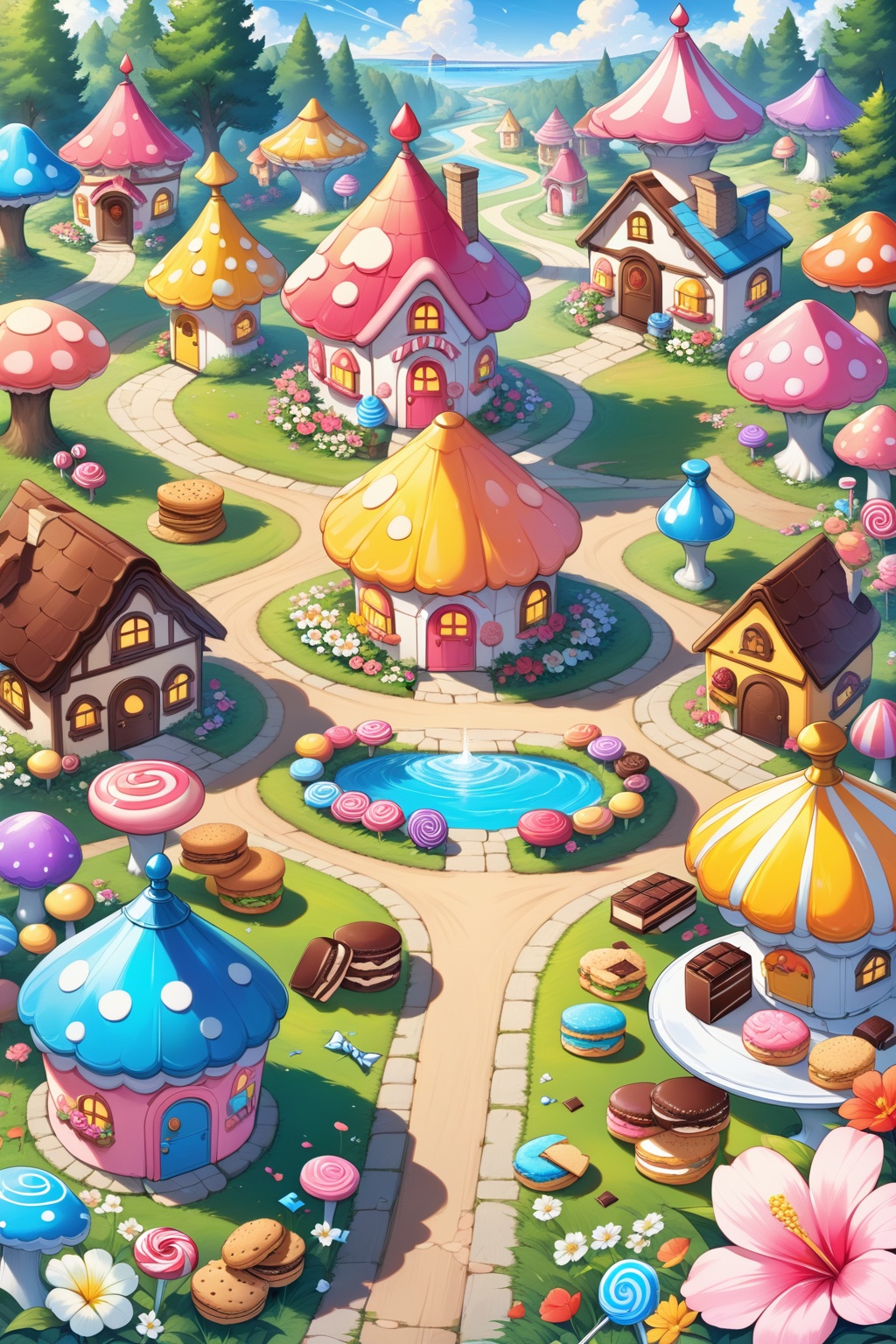 Mushroom houses, trees, roads, candy, sandwich cookies, chocolate, HD, masterpieces, best quality, summer, flowers, blooming flowers, spray paint，  <lora:lora:0.7>