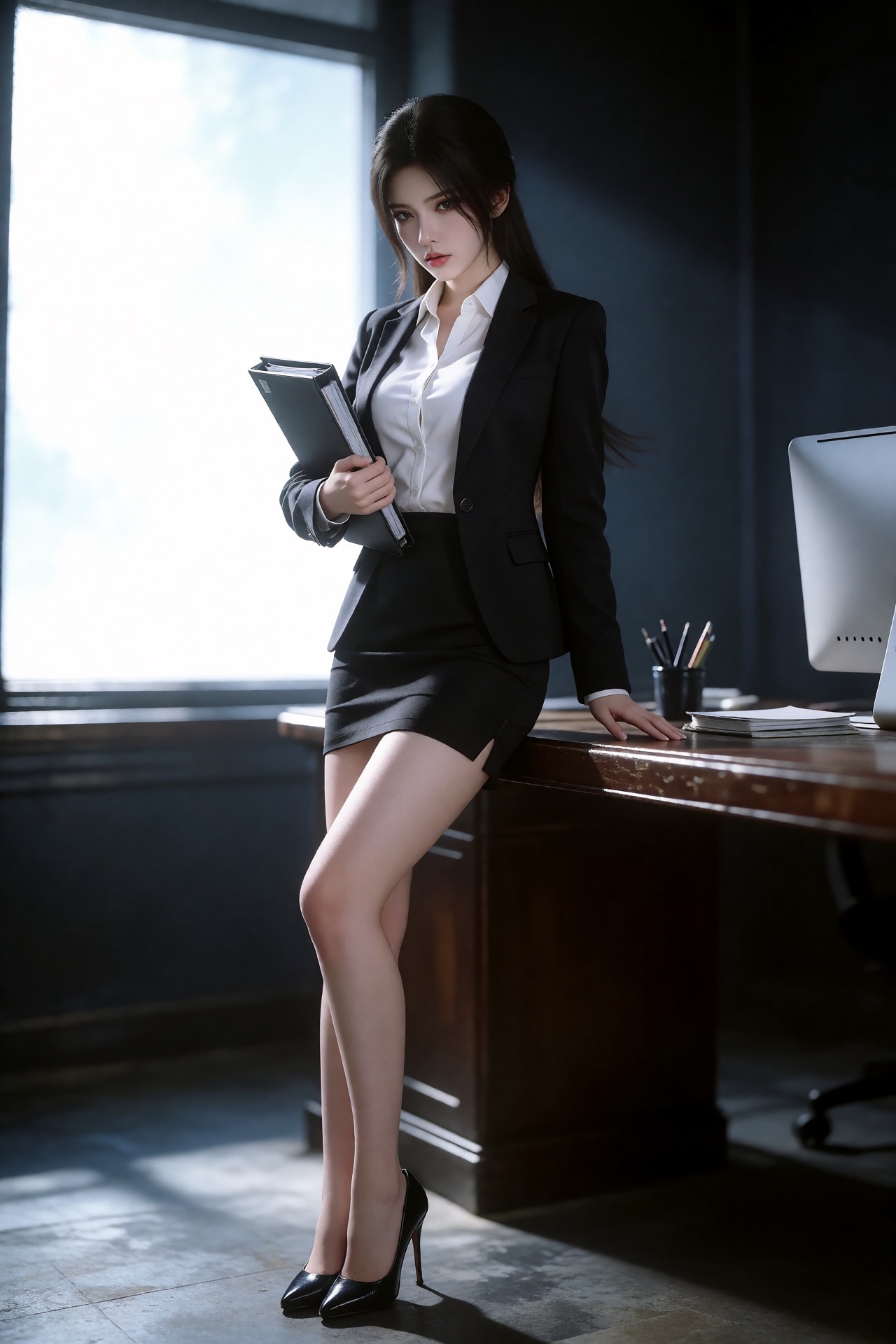 a beautiful woman with long dark hair,  穿着黑色西装,  里面是白色职业衬衣 by 天海TianHai on Tensor.Art