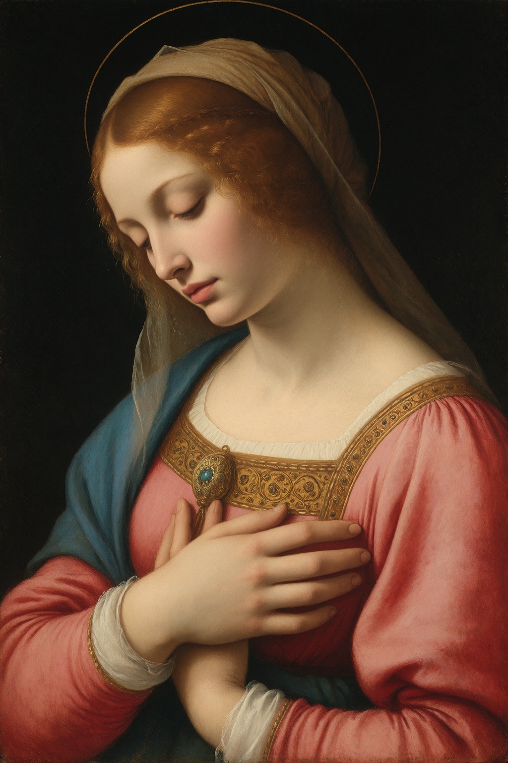 In the style of Bernardino Luini,  Madonna in contemplation,  a tender Leonardesque Madonna alone with lowered eyes and en...