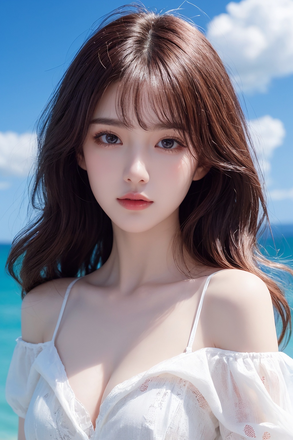 masterpiece,high quality,best quality),(colorful),(delicate eyes and face),volumatic light,ray tracing,extremely detailed CG unity 8k wallpaper,(ahoge:1.3),best quality,official art,(((light from the sky))),floating hair,light shines on hair,whultra-detailed,(((extremely detailed cg 8k wallpaper))),(crystalstexture skin:1.4),(extremely delicate and beautiful),(white skin),looking_at_viewer,kinghere fensejiaren,,realistic，1girl,solo,long hair,realistic,looking at viewer,red hair,shirt,parted lips,messy hair,open clothes,white bra,lips,open shirt,navel,white shirt,off shoulder,simple background,medium breasts,(add details:1.5),laziness