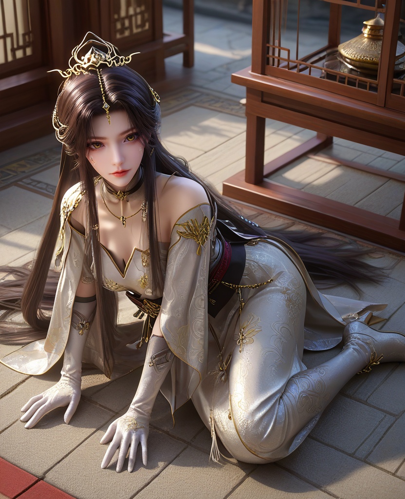 (oriental architecture, elegant decor, sophisticated style:1.1),(Elbows on knees, head resting on her hands,:1.1),From a high-angle vantage point,looking downwards,(large breasts:1.2),<lora:XL16云深不知梦羲和白色战斗服:0.95>,miss xihe,silvery white tiered dress,shawl,yellow eyes,facial mark,black hair,absurdly long hair,traditional chinese updo with long front strands,hair ornament,jewelry,sash,gloves,tights with attached boots,, score_9,score_8_up,score_7_up,score_6_up,score_5_up,score_4_up,3d rendering,tag1,tag2, Cinematic Lighting,backlighting,