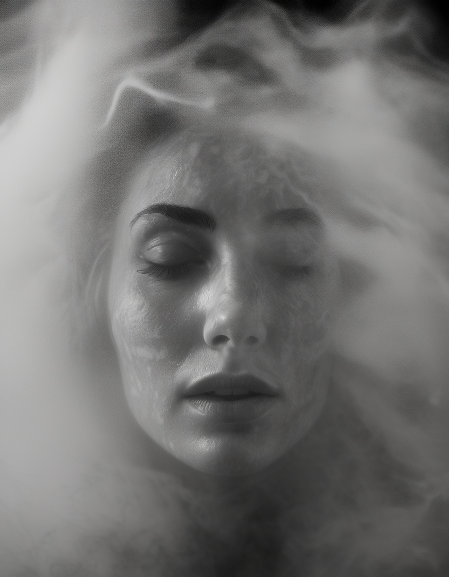 a woman's face is shown through a foggy glass window,  hot shower steam,  Fiona Stephenson on Tensor.Art