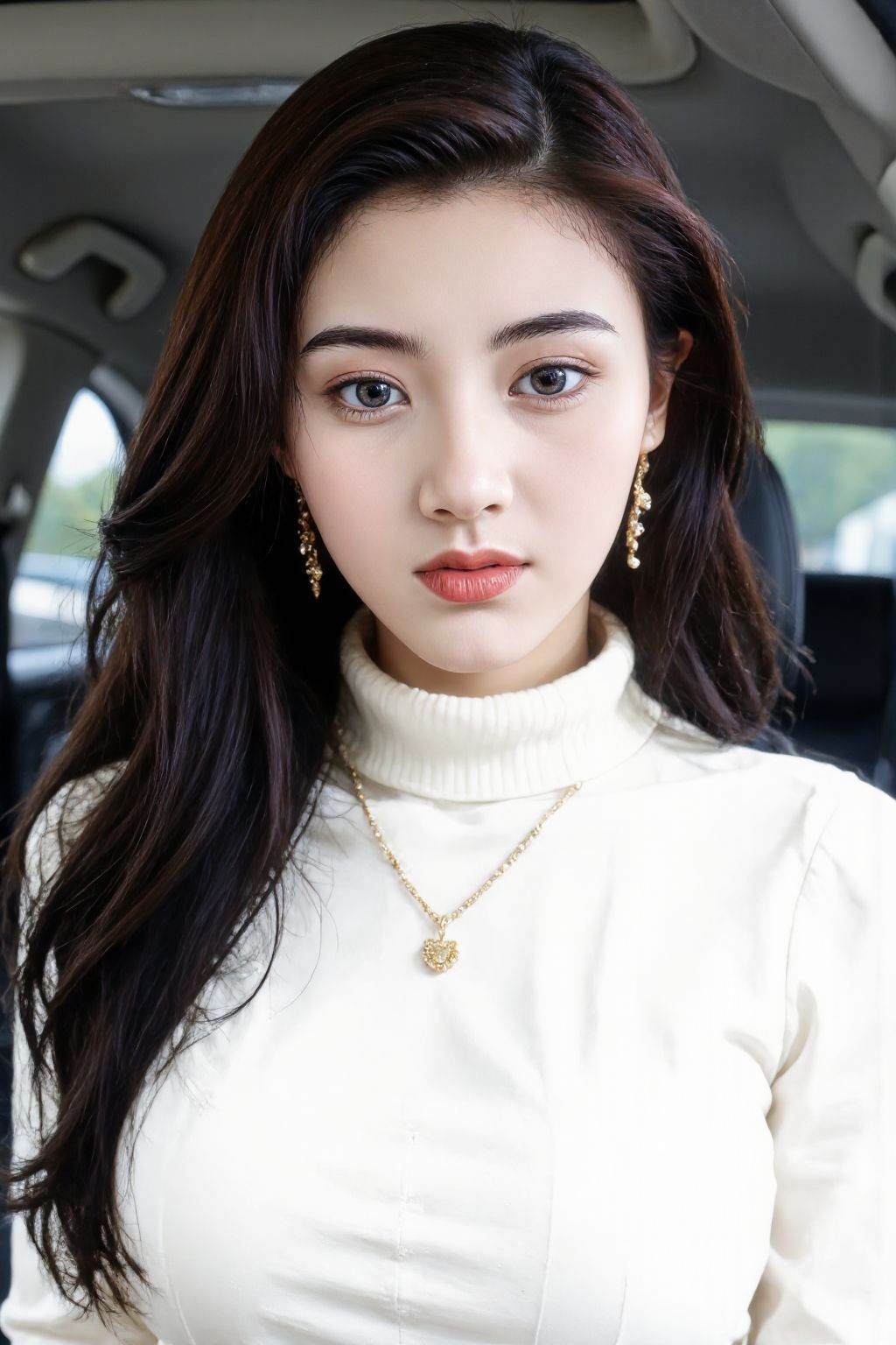 1girl, solo, long hair, breasts, brown eyes, black hair, turtleneck sweater, jewelry, sitting, closed mouth, earrings, necklace, lips, ground vehicle, realistic, nose, car interior, <lora:girlslikeflux_ljx:0.9>