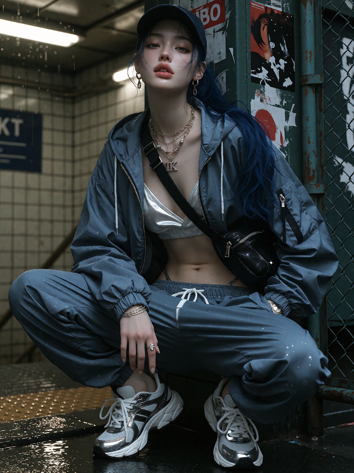 A Tokyo neon corner pulses with vending-machine glow and rain-soaked reflections as the subject stands in a wide,  confide...