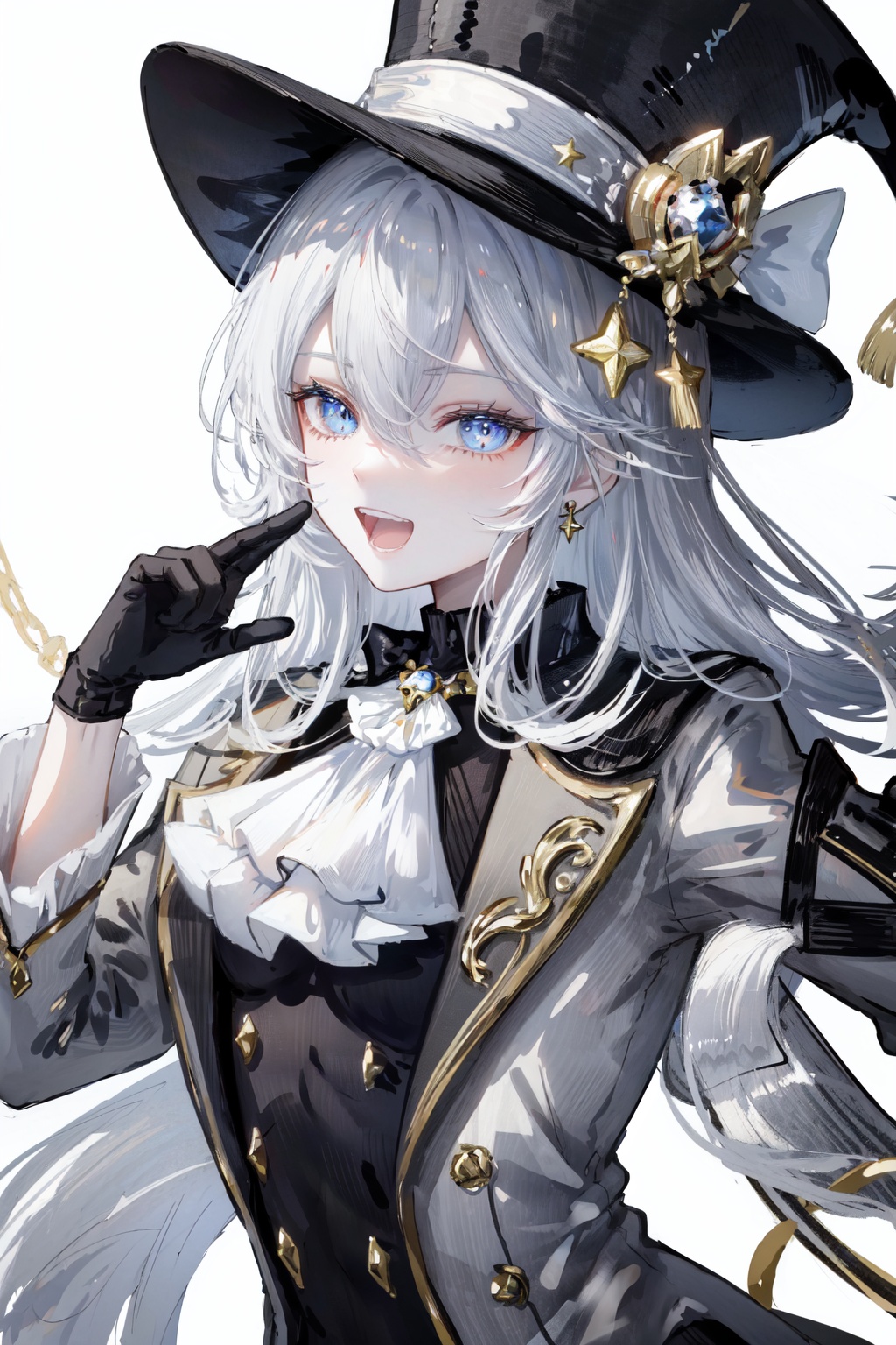 1girl, blue eyes, gloves, hat, solo, open mouth, smile, white background, looking at viewer, long hair, white hair, ascot, upper body, simple background, jacket, top hat, :d, hair between eyes, long sleeves, grey hair, bow, teeth,<lora:gawakohdLycoris:0.7>,