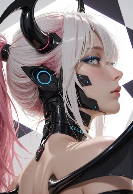 mature woman,(cyber-doll, cyber-body accents),succubus,choker, skin pressed, black dress, wings, blue lashes, long lashes, very awa, multicolored background, black inked, zigzag_background, white,white hair, pink hair, messy hair, ponytail, long hair, bangs, long bangs, gray eyes,portrait, profile, back view, tilted angle, close up, upper body with face focus, from below,looking at viewer, tilted head, blush, leer,(neon)