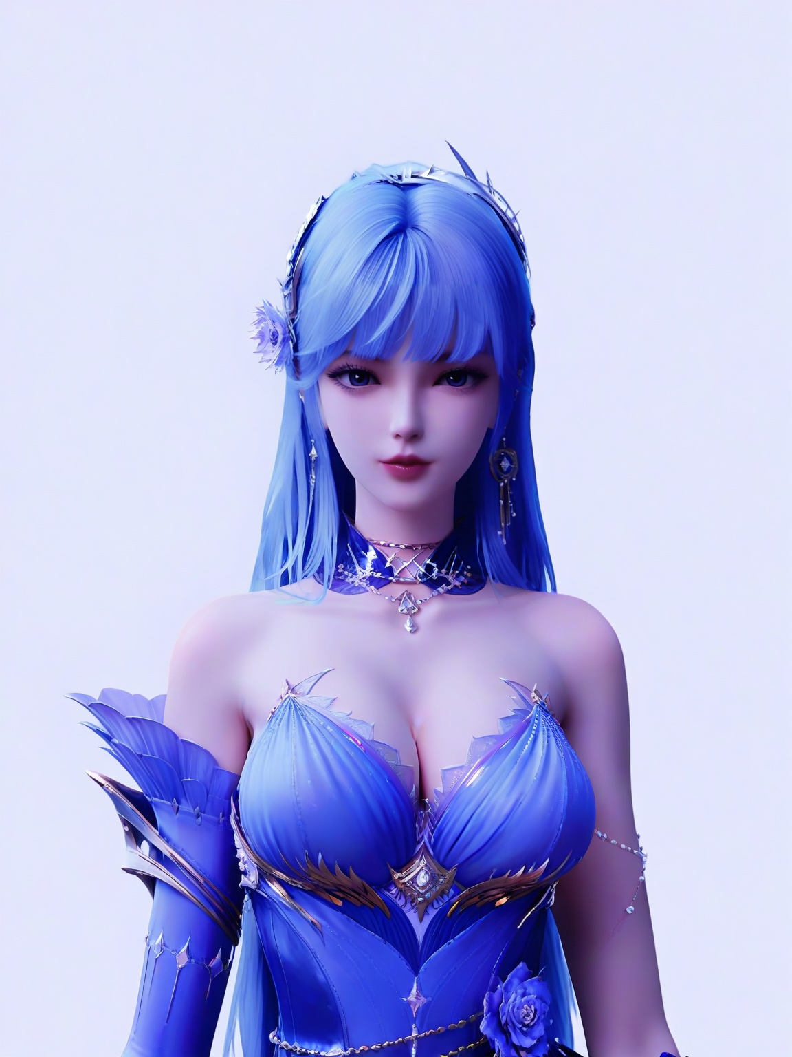 score_9,1girl,solo,bare shoulders,blue hair,breasts,detached sleeves,bangs,lipstick, eyelashes, large breasts,blue dress,standing,long hair,looking at viewer,white background,simple background,cowboy_shot,<lora:SF_ShengCaiErThirdClothesPony_Realism2.3-000004:0.7>,