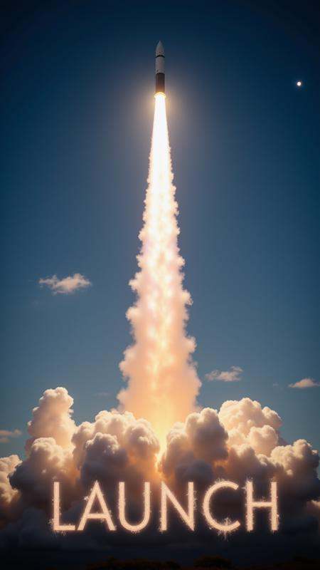 A scene of a rocket launch,  the smoke trail forms the word “Launch” as it ascends into the sky. with Text: "Launch" ,  ai...