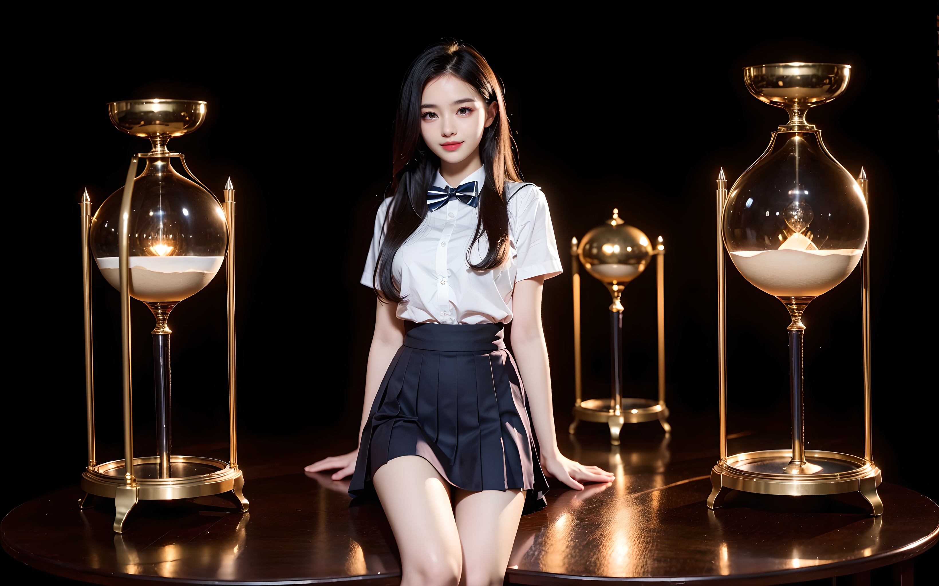 ((1 girl, 22 y.o, Masterpiece, best quality, cinematic lighting, 8k, full body shot, long hair, hourglass body)), (smile:0.85), (realistic background:1.2)<lora:SF_School_Dress_By_Stable_Yogi:0.8>black school uniform, bowtie, sailor collar, pleated skirt