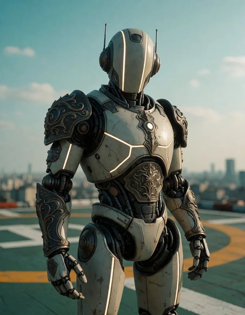 a retro-futuristic robot,  with matte composite surfaces broken by precise luminous seams,  standing confidently and looki...