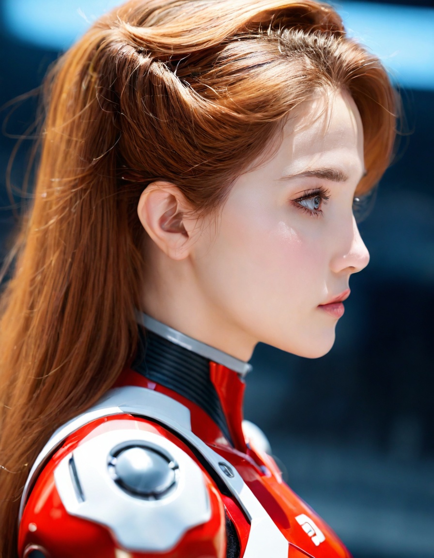 souryuu asuka langley,masterpiece,best quality,amazing quality,very aesthetic,absurdres,newest,extreme aesthetic,in the style of fashion photography,light particles,cinematic lighting,Visual impact,sharp focus,Emotionalization,depth of field,dutch angle,scenery,1girl,solo,long hair,closed mouth,medium breasts,armor,eyelashes,profile,mask,forehead,science fiction,mouth mask,sideways glance,android,hair slicked back,cyborg,robot joints,mechanical parts,cyberpunk,looking at viewer,upper body,from side,simple background,white background,translucent skin,mechanical structure,