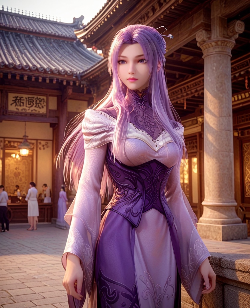 (oriental architecture, elegant decor, sophisticated style:1.1),(Standing with one foot in front, looking sideways,:1.1),(breasts:1.2),<lora:XL秦时明月紫女仕女服:0.95>,1girl,dress,long hair,purple hair,purple eyes,corset,hair bun,hair ornament,hairpin,medium breasts,, score_9,score_8_up,score_7_up,score_6_up,score_5_up,score_4_up,3d rendering,tag1,tag2, Cinematic Lighting,backlighting,