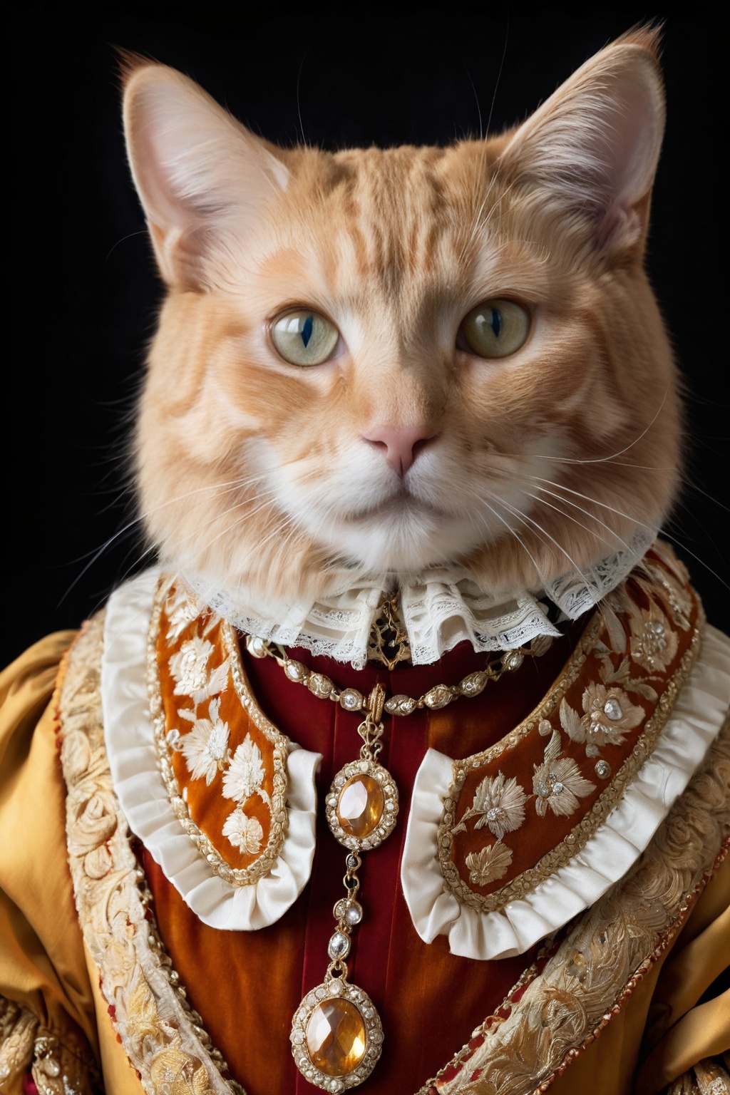 Cat,orange tabby,renaissance costume,ruff collar,golden robe,studio portrait,noble demeanor,detailed embroidery,ornate jewelry,dark background,regal pose,sharp focus,historical fashion,rich textures,cat head person,