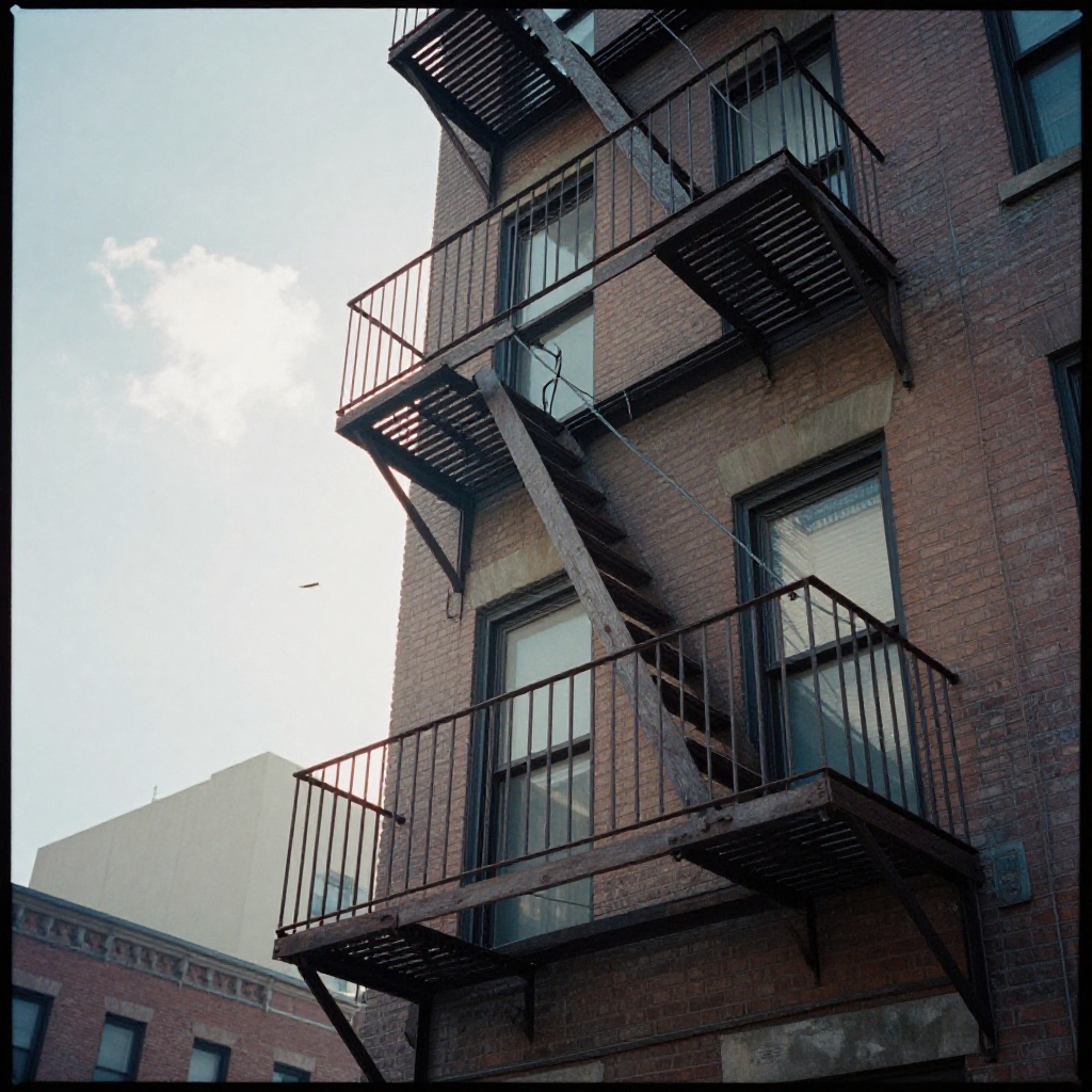 analog film photo of cinematic style,  Kodak Portra 400 analog film stocks of a fire escape is on the side of a building,...