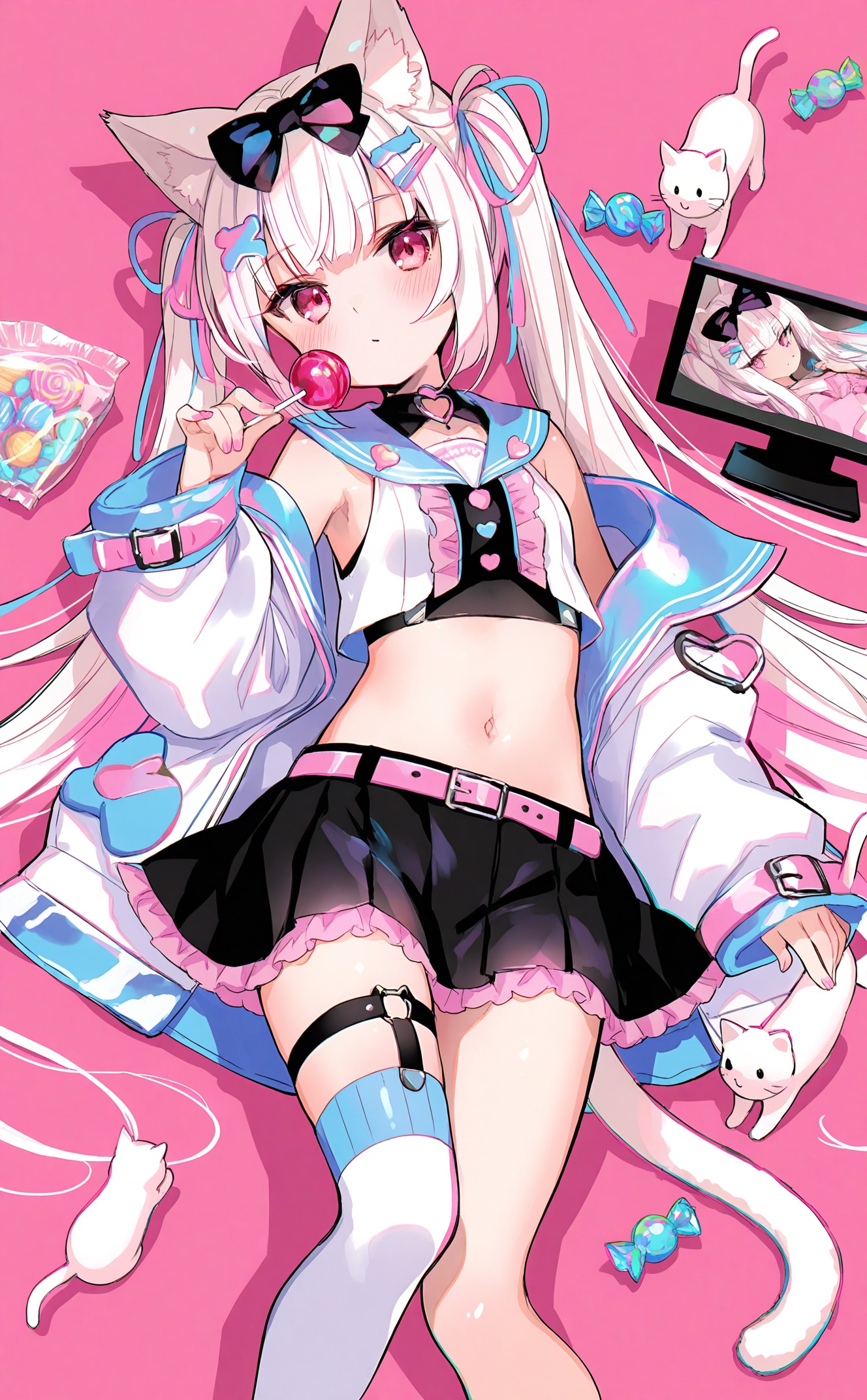 masterpiece,highres,absurdres,newest,best quality,loli,petite,high quality,chromatic_aberration,shiny_skin,//,1girl, solo, long hair, looking at viewer, blush, bangs, skirt, shirt, hair ornament, thighhighs, long sleeves, bow, ribbon, navel, holding, animal ears, bare shoulders, twintails, very long hair, closed mouth, jacket, tail, hair ribbon, white shirt, flower, white hair, hair bow, heart, pleated skirt, lying, frills, food, open clothes, sleeveless, hairclip, midriff, striped, belt, cat ears, miniskirt, black skirt, pink eyes, sailor collar, off shoulder, nail polish, white thighhighs, open jacket, crop top, cat tail, animal ear fluff, black bow, rose, blue bow, cat, pink background, white jacket, holding food, cat girl, pink bow, single thighhigh, candy, pink flower, pink nails, asymmetrical legwear, lollipop, chromatic aberration, mismatched legwear, pink theme, monitor, pink belt, pink border <lora:12.23:1>