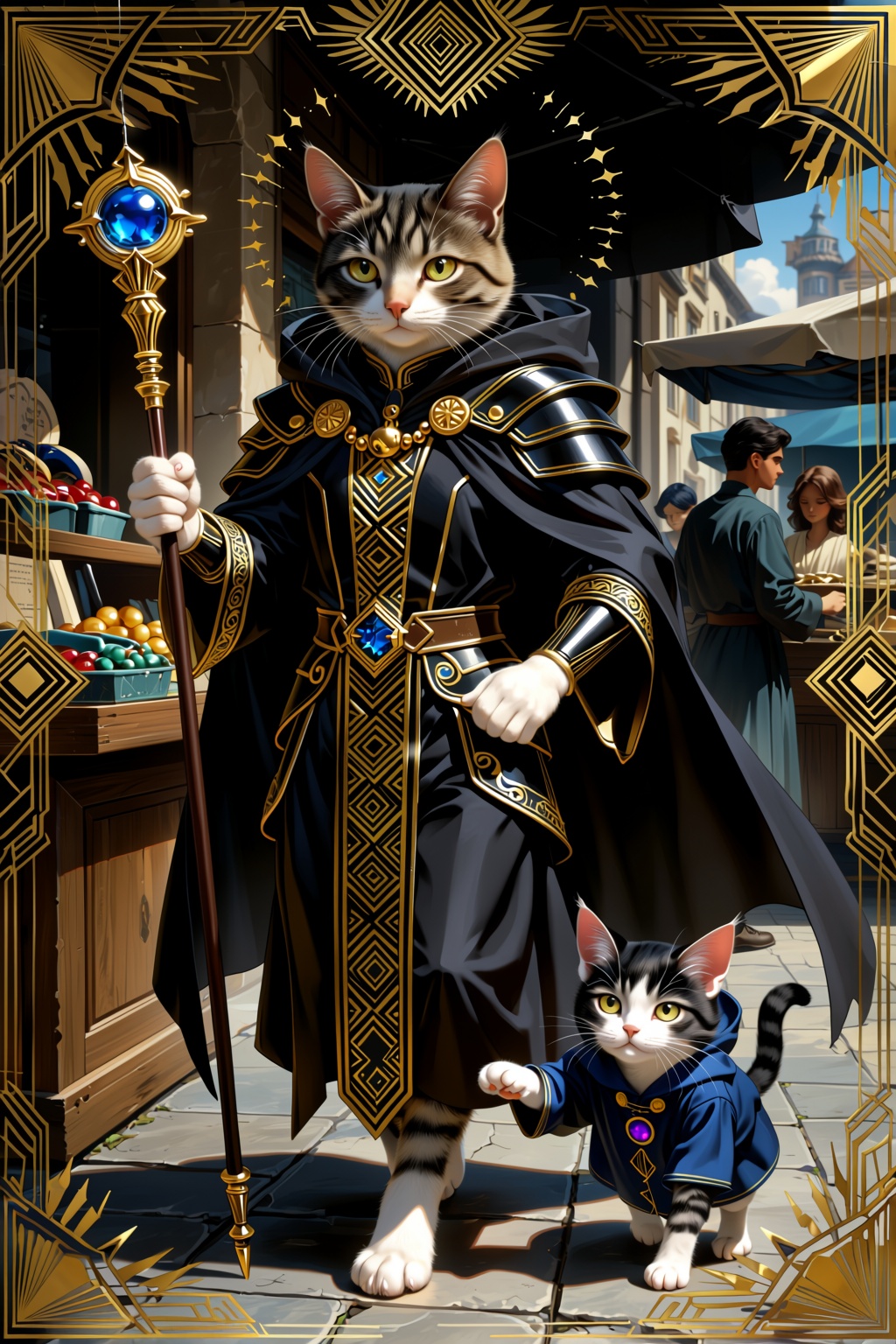 wallpaper digital illustration of A cat dressed as a wizard with staff on one hand and wearing a black robe adorned with g...