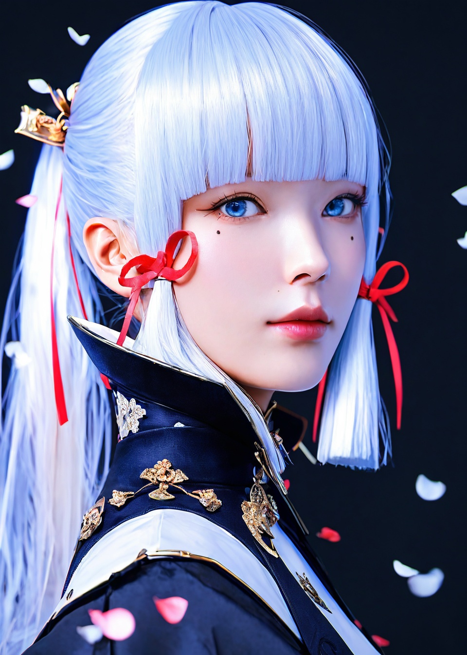 score_9, score_8_up, score_7_up, i want the whole image to be created in 3D anime style, 1girl, solo, long hair, looking at viewer, bangs, blue eyes, simple background, hair ornament, ribbon, closed mouth, hair ribbon, ponytail, white hair, sidelocks, black gloves, blunt bangs, armor, mole, from side, lips, looking to the side, petals, mole under eye, black background, portrait, tress ribbon, realistic, nose, kamisato ayaka