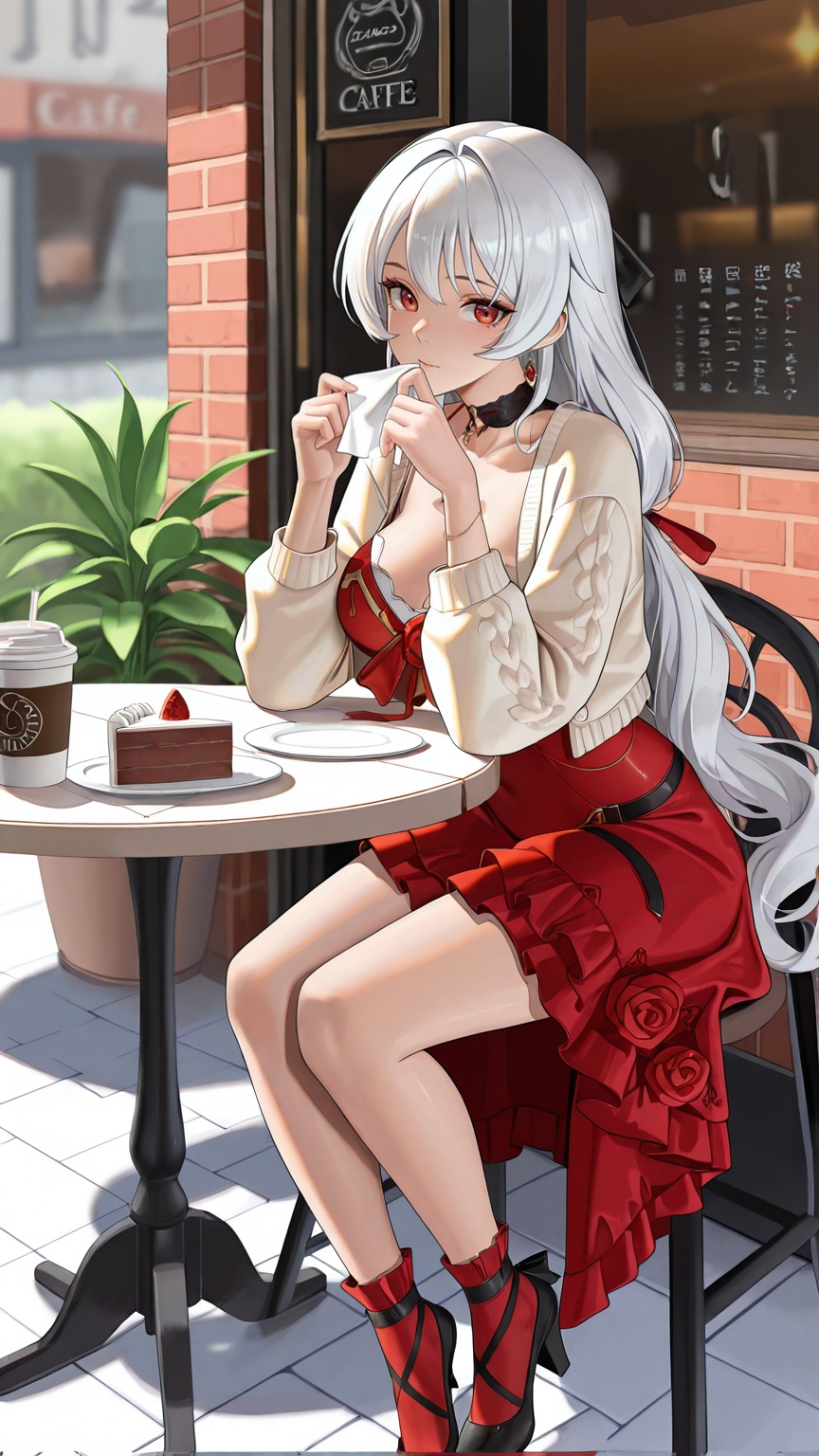 masterpiece,best quality,amazing quality,<lora:dayuexia:0.9>,dayuexia,long hair,1girl,red eyes,white hair,breasts,solo,<lora:20250808-1754650692631:0.8>,zhigan3d,1girl,solo,breasts,jewelry,looking at viewer,1girl,solo,floral_dress,short_sleeve_dress,ruffled_hem,white_knit_cardigan,cropped_cardigan,mary_jane_shoes,ankle_socks,small_leather_tote,holding_latte,sitting_at_outdoor_table,street_cafe,brick_wall (cafe exterior),potted_plant,small_cake_on_plate,napkin,afternoon,warm_sunshine,passersby (blurred background),shallow_depth_of_field,cozy_atmosphere,