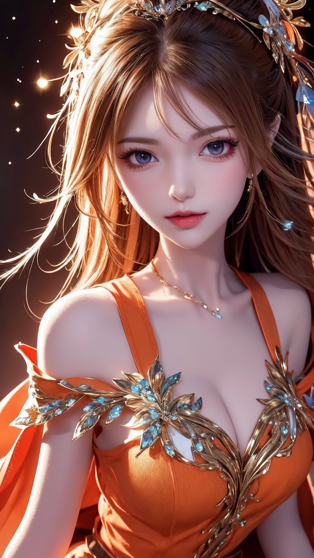 best quality,masterpiece,highres,cg,bust photo,face close-up,face shot,a beautiful girl,cute,sweet,hair detail,thin bangs,shawl hair,off-the-shoulder,suspenders,vest,orange sleeveless vest,orange jewel-decorated clothes,orange short skirt,orange transparent long gloves,right body,shawl hair,fashion,sexy,air bangs,8K,super detailed,delicate embroidery,pendant,lots of orange gemstone decorations,fine fabric texture,soft,supple,smooth texture,crystal clear,crystal texture,Photograph,high resolution,4k,8k,Bokeh,<lora:RoyalSister2.1-000002:0.65>,Royalsister face,<lora:天使:0.3>,golden shower,gold_featger,