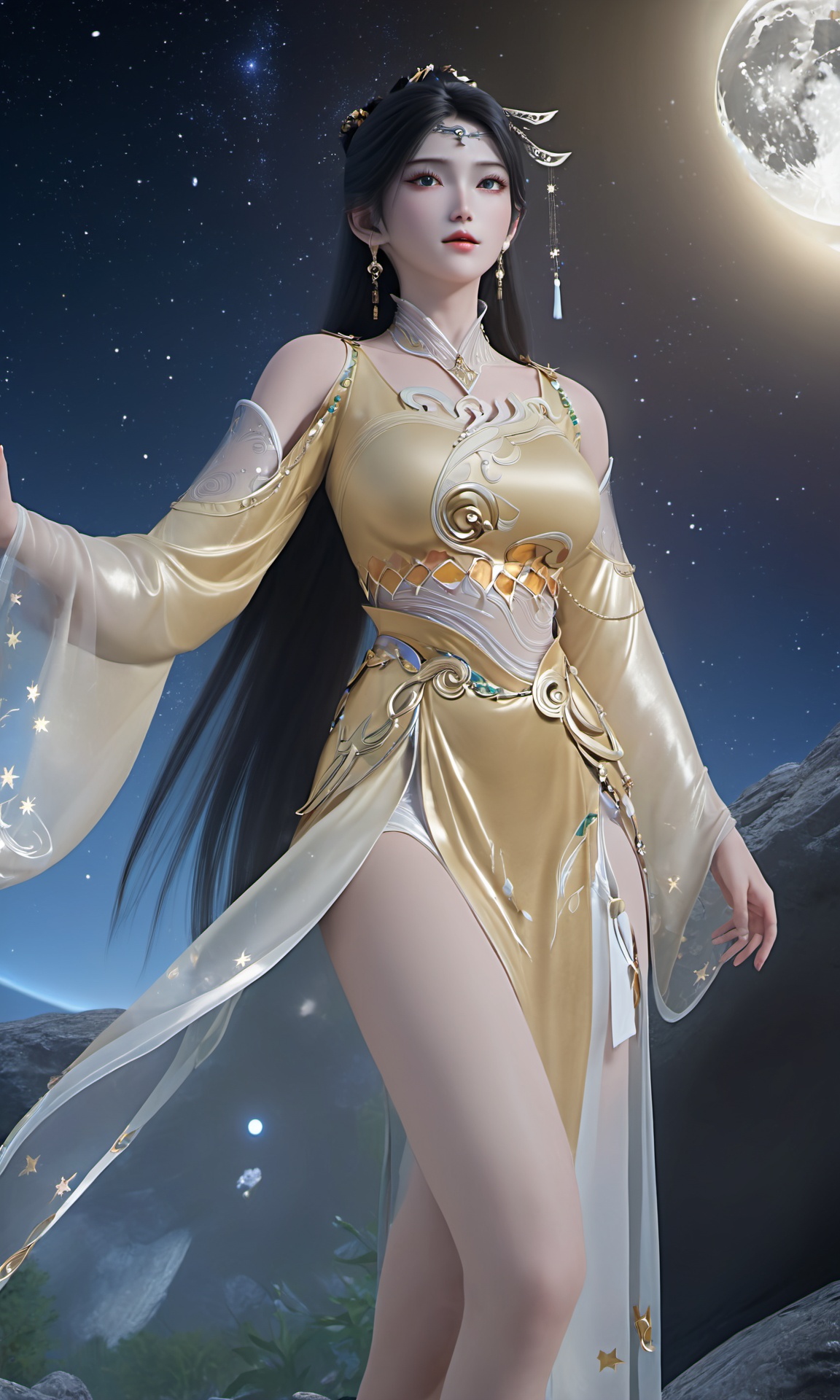 Gillian,front view of Gillian-type woman with black long straight hair wearing golden JPE-type Hanfu,quality,shiny skin,masterpiece,NSFW,highly detailed,<lora:Gillian-000017:0.9>,soft light,full moon,