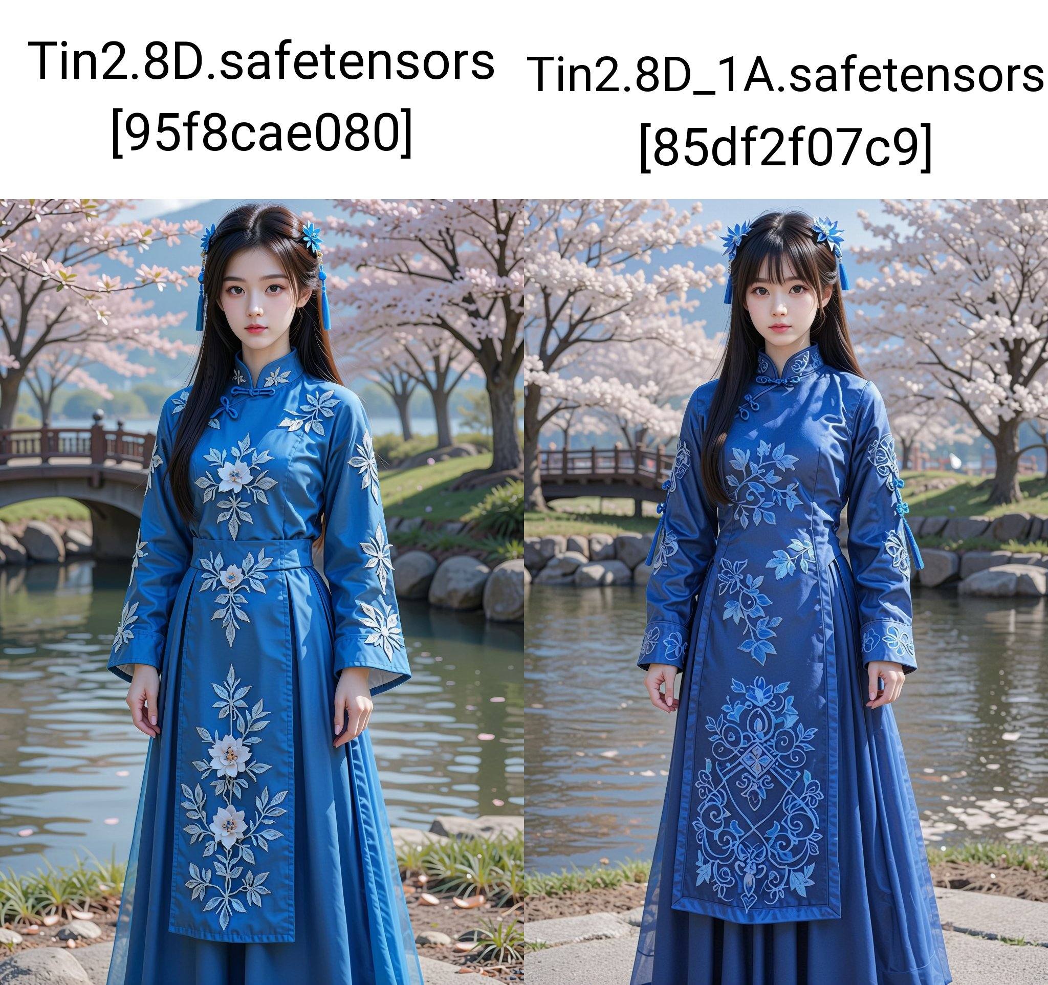 In the image,  a young woman with long black hair stands outdoors near a body of water. She is wearing traditional Chinese...