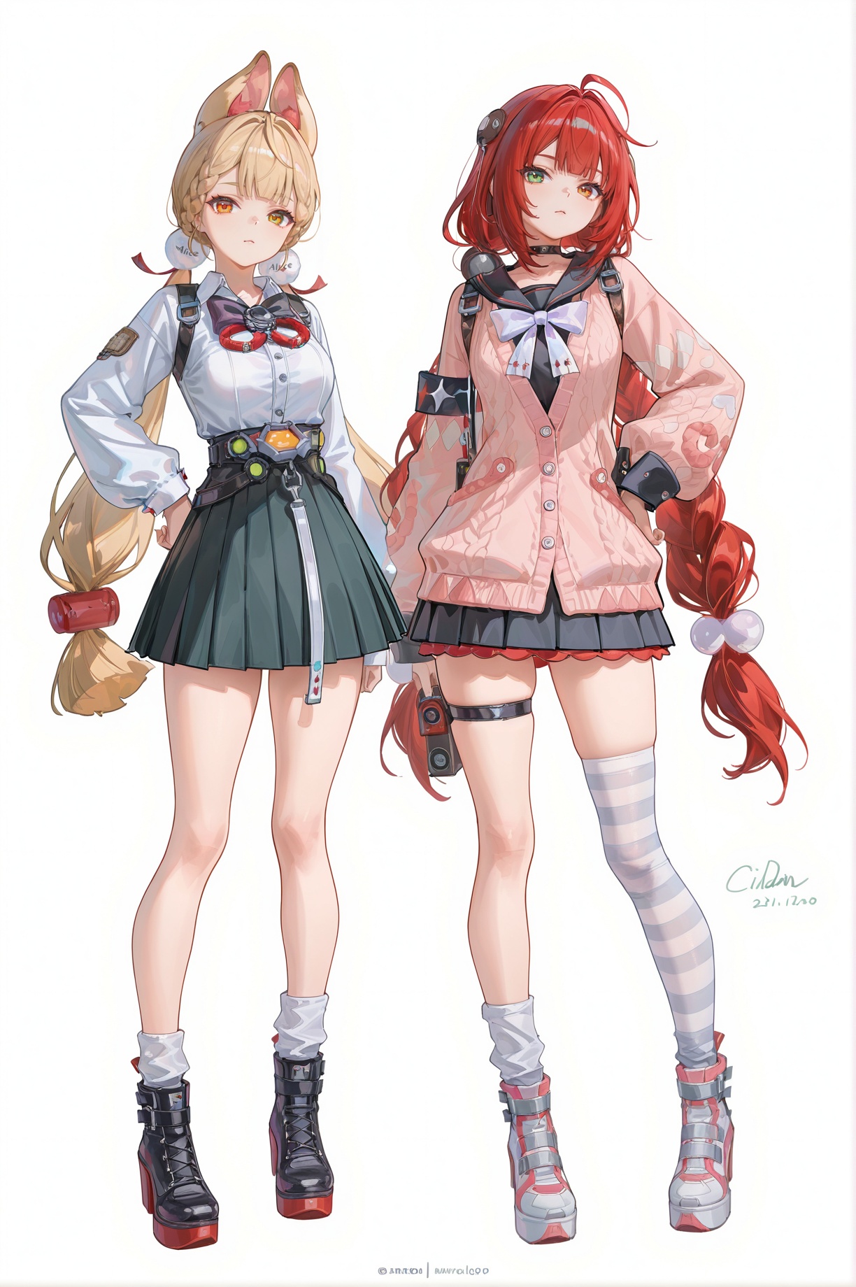 8k,best quality,masterpiece,(ultra-detailed),(high detailed skin),((artist:reoen),(artist:fuzichoco),(artist:atdan),(artist:torino_aqua),year 2024:0.8)1girl,[artist:wlop],[artist:ningen_mame],artist:ciloranko,[[artist:rhasta]],artist:tidsean,colorful,jijia,2d,ambient light,full body,full shot,standing,looking at viewer,simple background,(white background:1.2),hand on own hip,(white background:1.1),<lora:fuaizzz-ill-Tanger:0.8>,2girls,single thighhigh,Ukinami Yuzuha (Zenless Zone Zero),clothes: Yuzuhadef clothes,Yuzuhadef skirt,Alice Thymefield (Zenless Zone Zero),clothes: Alicedef clothes,heterochromiam,Alicedef white shirt,Alice animal ears,red hair,green eyes,twintails,long hair,blonde hair,braid,skirt,ahoge,pom pom hair ornament,thigh strap,bangs,breasts,cardigan,yellow eyes,hair ornament,twin braids,very long hair,orange eyes,black skirt,