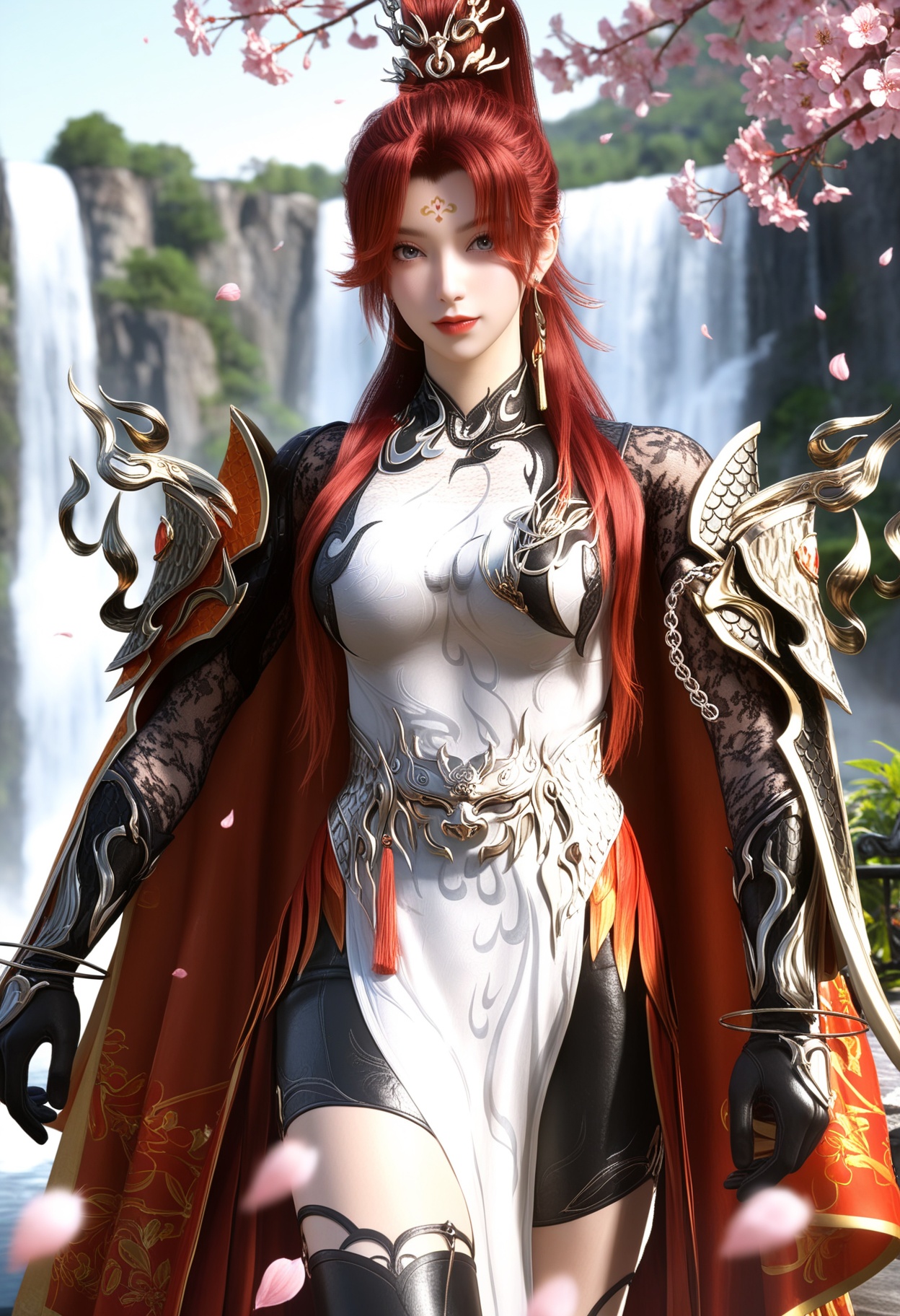 masterpiece,best quality,amazing quality,high resolution,ultra-detailed,absurdres,(looking at viewer:1.1),upper body,moody lighting,waterfall,peach blossom,falling petals BREAK large breasts,1girl,solo,long hair,red hair,jewelry,earrings,forehead mark,red lips,hair ornament,ponytail,armor,dress,chinese clothes,makeup,thighhighs,gloves,cape,blue eyes,shoulder armor,high ponytail,grey eyes,red cape,black thighhighs,thigh boots,boots BREAK photorealistic details,<lora:QQSillchiyanghuamingV1:0.8>,