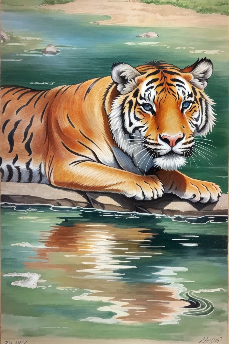 ((HRD, HUD, 8K)),((masterpiece, best quality)), highly detailed, soft light,ColoredLead, no humans, tiger, water, dated, signature, animal, animal focus, reflection, traditional media, looking at viewer,  <lora:画风-彩铅-ColoredLead_v1.0:0.8>