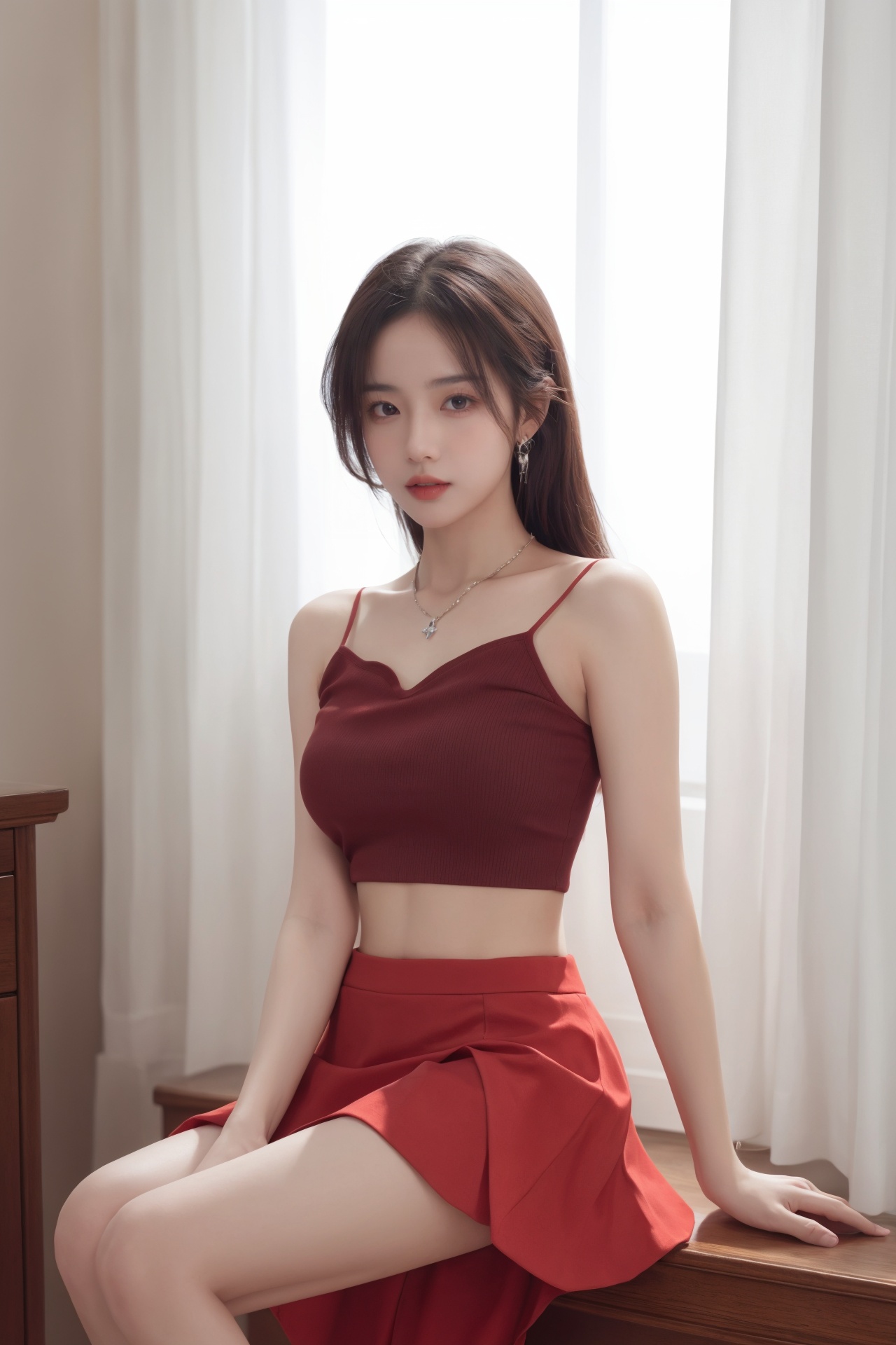 1girl, navel, solo, realistic, midriff, bare shoulders, sitting, hair ornament, black hair, jewelry, curtains, brown hair, parted lips, skirt, red skirt, looking at viewer, cowboy shot  <lora:eye:1>