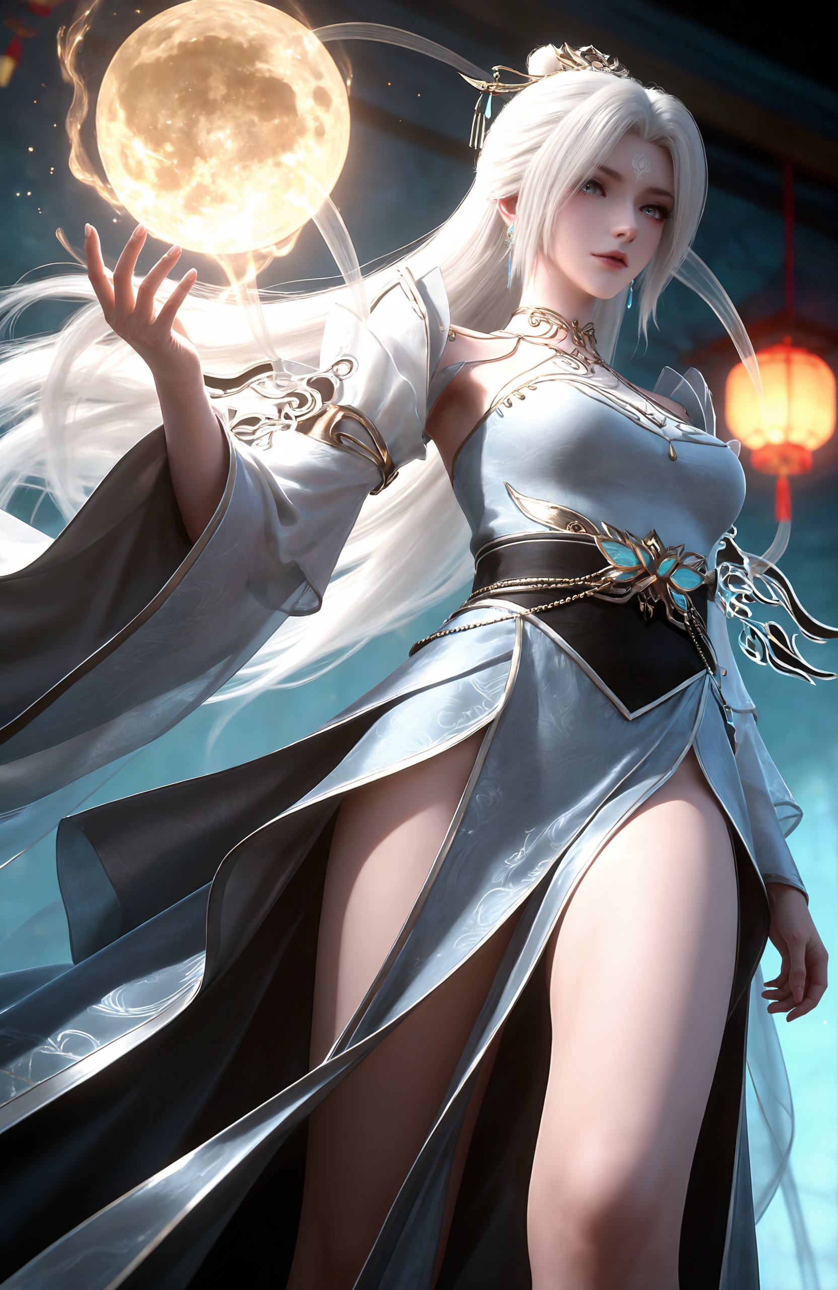 <lora:神墓3-澹台派掌门IL:0.7> 1girl, long hair, white hair, hair ornament,  hair bun,forehead mark, white dress, chinese clothes, detached sleeves, sash, high heels,, realistic style photo,outstanding style,Use soft lighting to cast gentle shadows on the subject,adding a touch of dimension to your images without compromising details,whirls of vapor,(Anime:1.1),soft neon light,ethereal ambiance,delicate details,magical atmosphere,concept art,highly detailed,ultra-high resolution,32K UHD,sharp focus,best-quality,masterpiece,golden hour,unconventional supreme masterpiece,masterful details,temperate atmosphere,with a high-end texture,in the style of fashion photography,magazine style,Dynamic Angle,Dynamic posture,magazine style,Dynamic Angle,Dynamic posture,(cowboy_shot:1.2),eye trail,depth of field,cinematic lighting,lens flare,close-up,extreme aesthetic,(wlop:0.6),(honjou raita,lack,rella,wanke:0.5),masterpiece,best quality,good quality,newest,year 2025,very aesthetic,absurdres,Visual impact,A shot with tension,ultra-high resolution,32K UHD,sharp focus,best-quality,masterpiece,Emotionalization,unconventional supreme masterpiece,masterful details,temperate atmosphere,with a high-end texture,in the style of fashion photography,(Visual impact:1.2),giving the poster a dynamic and visually striking appearance,, solo,upper body,looking at viewer,gradient background,gradient,blue background,black background,