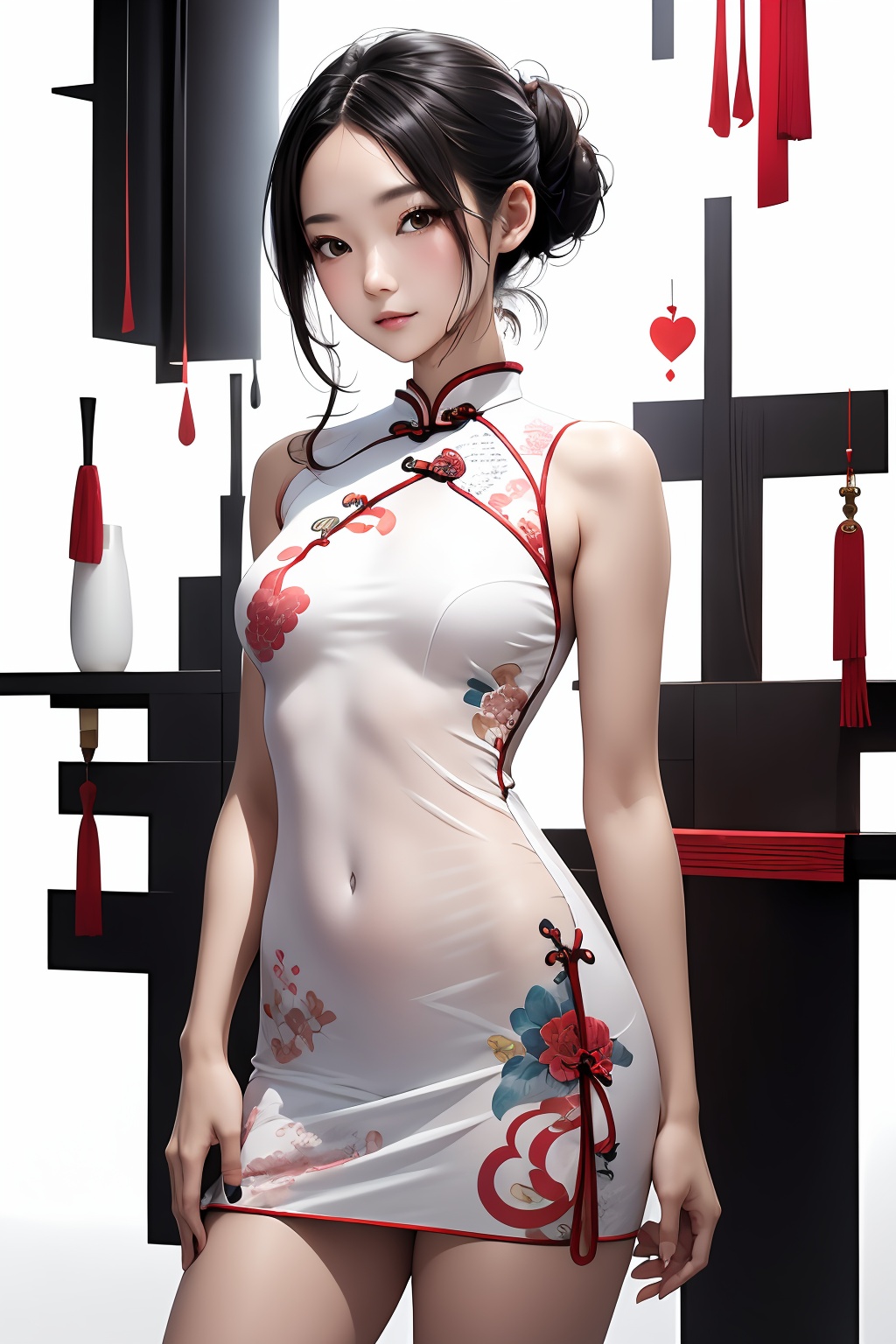 (masterpiece:1.2),extremely high quality,1girl,solo,medium breasts,print_cheongsam,looking at viewer,bare shoulders,standing,cowboy shot,hair bun,white background,simple background,<lora:lbc_shaxian_dress:0.8>,