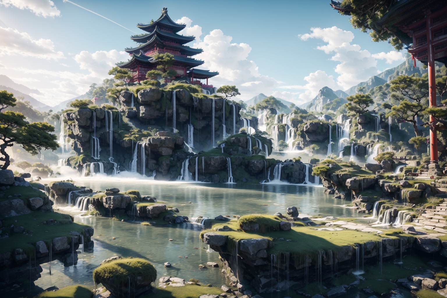 <lora:AgainGuofengStyle:1>,AgainGuofengStyle, scenery, waterfall, outdoors, tree, architecture, east asian architecture, cloud, water, sky, no humans, bridge, day, stairs, building, grass, blue sky, rock, cliff, sunlight, pagoda, river, mountain, fantasy, nature, landscape, plant, moss, cloudy sky