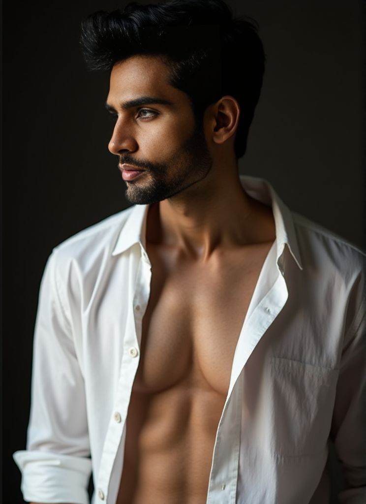 Rohit Khandelwal ,  Photorealistic . sheer white shirt half‑removed. intricate fabric textures. dramatic studio lighting....