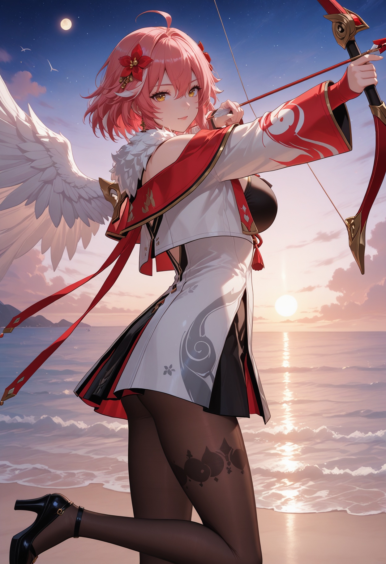 weapon,bow (weapon),holding weapon,holding,wings,breasts,holding bow (weapon),feathered wings,white wings,feathers,bangs,arrow (projectile),looking at viewer,holding arrow,leg up,standing,outdoors,standing on one leg,drawing bow,from side,moon,bow,cloud,sun,front view,full_body,solo,beach,ocean,waves,gradient_sky,starry_sky,dusk,in summer,<lora:长离师尊:1>,changli,1girl,long hair,bangs,hair ornament,big breasts,ribbon,hair between eyes,bare shoulders,yellow eyes,ahoge,red hair,short hair,multicolored hair,highlighted hair,pink hair,flower,hair flower,lace stockings,exposed,sexy,<lora:锦龙吟:1>,jly,long sleeves,dress,pantyhose,black pantyhose,brown pantyhose,capelet,jacket,white jacket,fur trim,shoes,footwear,black footwear,platform footwear,heels,high heels,platform heels,