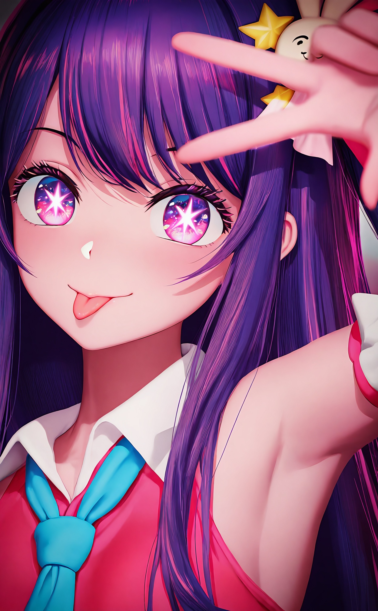 masterpiece,very aware,highres,absurdres,newest,best quality,loli,petite,high quality,chromatic_aberration,chromatic_aberration,cinematic_angle,dutch angle,//, hoshino ai \(oshi no ko\), 1girl, solo, idol, idol clothes, purple hair, tongue, star \(symbol\), star-shaped pupils, tongue out, necktie, purple eyes, multicolored hair, blue necktie, symbol-shaped pupils, long hair, sleeveless, streaked hair, w, hair between eyes, looking at viewer, sidelocks, shirt, multicolored eyes, v over eye, closed mouth, shadow, light particles, v, pink eyes, sleeveless shirt, hair ornament, bare shoulders, blush, star hair ornament, collared shirt, close-up, portrait, smile, :p, pink hair, sparkle, blurry//,//,photorealistic,<lora:MMD3——【noob】hans:1>,
