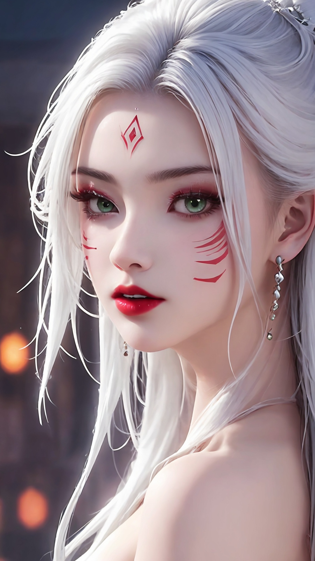 1girl,solo,green eyes,long hair,white hair,looking at viewer,facial mark,lips,blurry,portrait,forehead mark,red lips,bare shoulders,closed mouth,makeup,<lora:girl miaojiangxiaobai_20240912173536:0.7>,