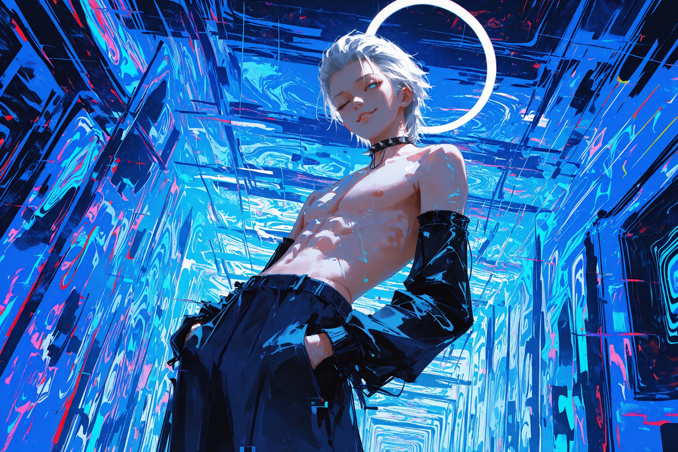 wlop,(dino \(dinoartforame\):1.2),yun ling,realistic,newest,masterpiece,highres,year 2024,year 2023,shiny,glowing,perspective,dynamic angle,distortion,(glitch:1.2),(abstract background:1.2),(psychedelic:1.2),multicolored background,(surreal:1.2),many stair,many doors,(halo behind head:1.2),white solid halo,spiked choker,1boy,brutal vergil \(devil may cry\),male focus,(muscular:1.2),blue theme,(smug:1.2),head tilt,hands in pockets,one eye closed,looking at viewer,white hair,hair slicked back,shrug,topless,(detached sleeves:1.2),cool man,overlap,distortion,<lora:ponyv4_noob1_2_adamW-000017:0.5>,<lora:96YOTTEA-WAI:0.8>,