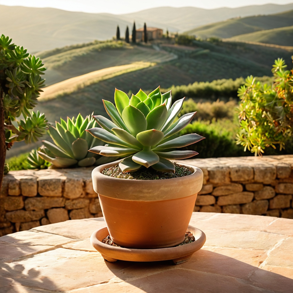 scenetuscastone,  a small potted succulent,  Tuscan stone terrace table on Tensor.Art