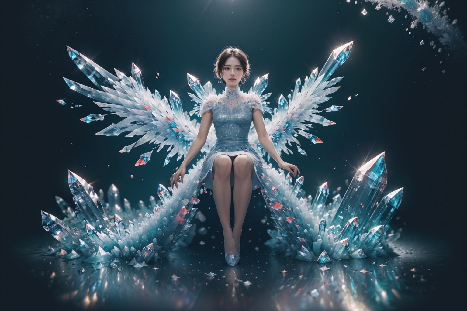 (best quality:1.4),(masterpiece:1.4),(photorealistic:1.4),(Realistic:1.2),(ultra high res, raw photo:1.4),(hdr, hyperdetailed:1.2),(8K:1.2),cinematic photo 1girl,smile,sitting,(crystalz dress:1.4),(crystalz wing:1.4),<lora:Again_Crystalz:1>,