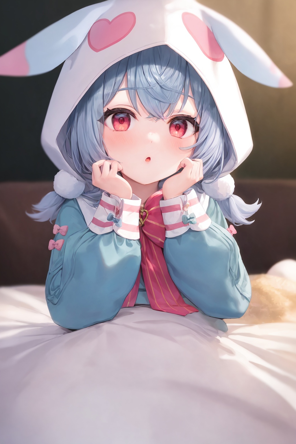 masterpiece, best quality, <lora:sigewinne-v2:1>, 1girl, solo, red eyes, lying, hood, on stomach, animal hood, blush, hair ornament, bangs, long sleeves, looking at viewer, bow, puffy long sleeves, no shoes, blurry, red bow, twintails, low twintails, virtual youtuber, parted lips, blue hair, hood up, pink hoodie, rabbit hood, puffy sleeves, depth of field, thighhighs, grey hair, white thighhighs, hairclip, hoodie, animal ears, :o, sleeves past wrists, blurry background, rabbit ears, head rest, blurry foreground, long hair, fake animal ears, white pantyhose, heart, blue bow