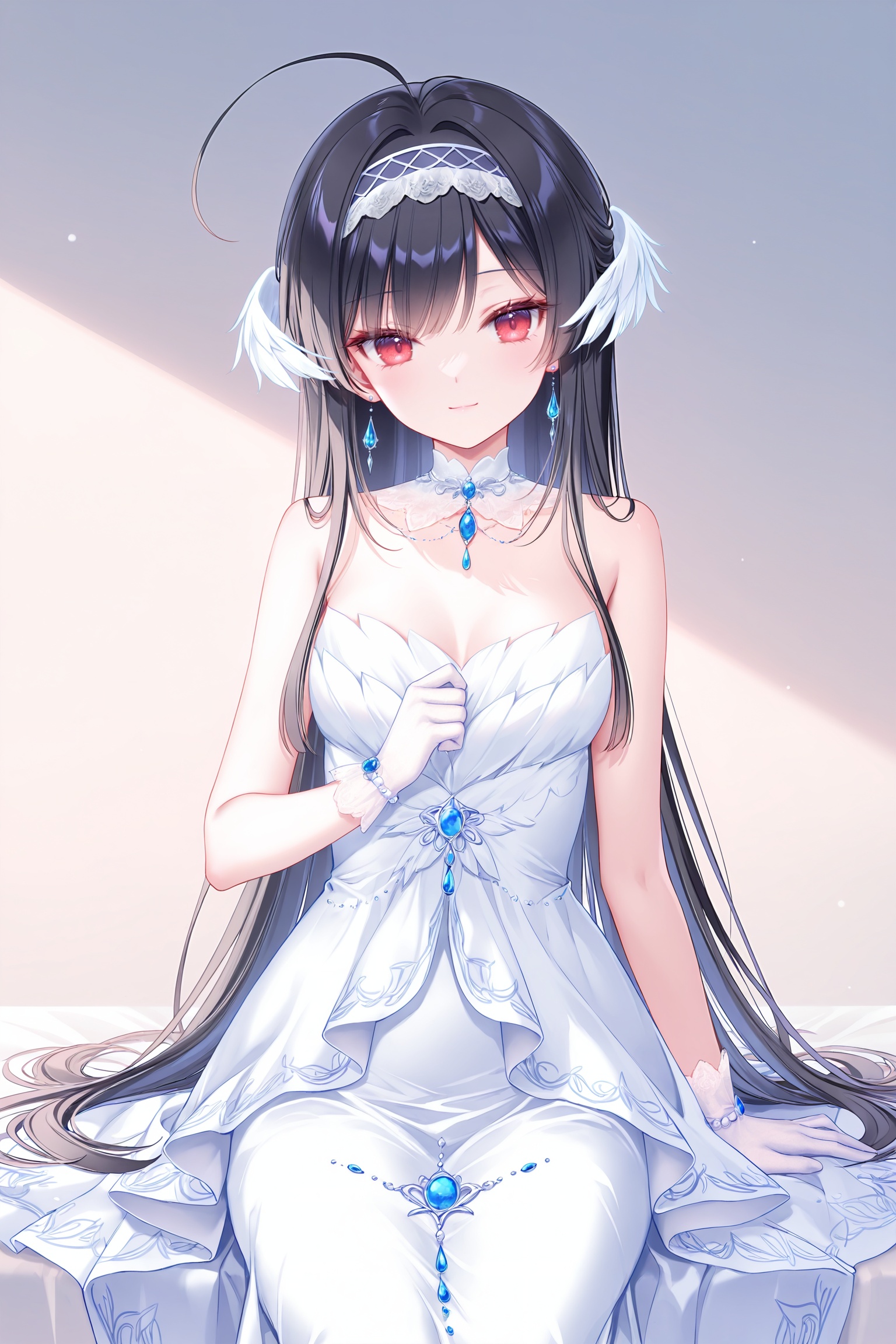masterpiece,best quality,newest,absurdres,highres,soft shadows,year2024,(chen bin:0.7),(hiten \(hitenkei\):0.4),(rimuu:0.5),(mignon:0.5),(sheya:0.6),<lora:miaXLNAI-000010:1>,mianonomiya,1girl,ahoge,frilled hairband,black hair,long hair,red eyes,light smile,<lora:nightowlXLNAI:1>,nightowl, white dress, long dress, jewelry, hair ornament, elboww gloves,