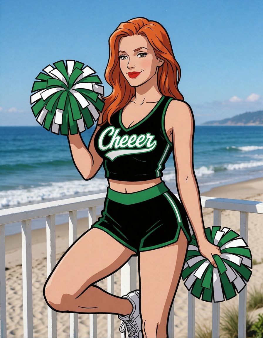 A solo portrait of a woman,  Raven From DC Comics,  standing on a beachfront balcony. wearing a black and green cheerleadi...