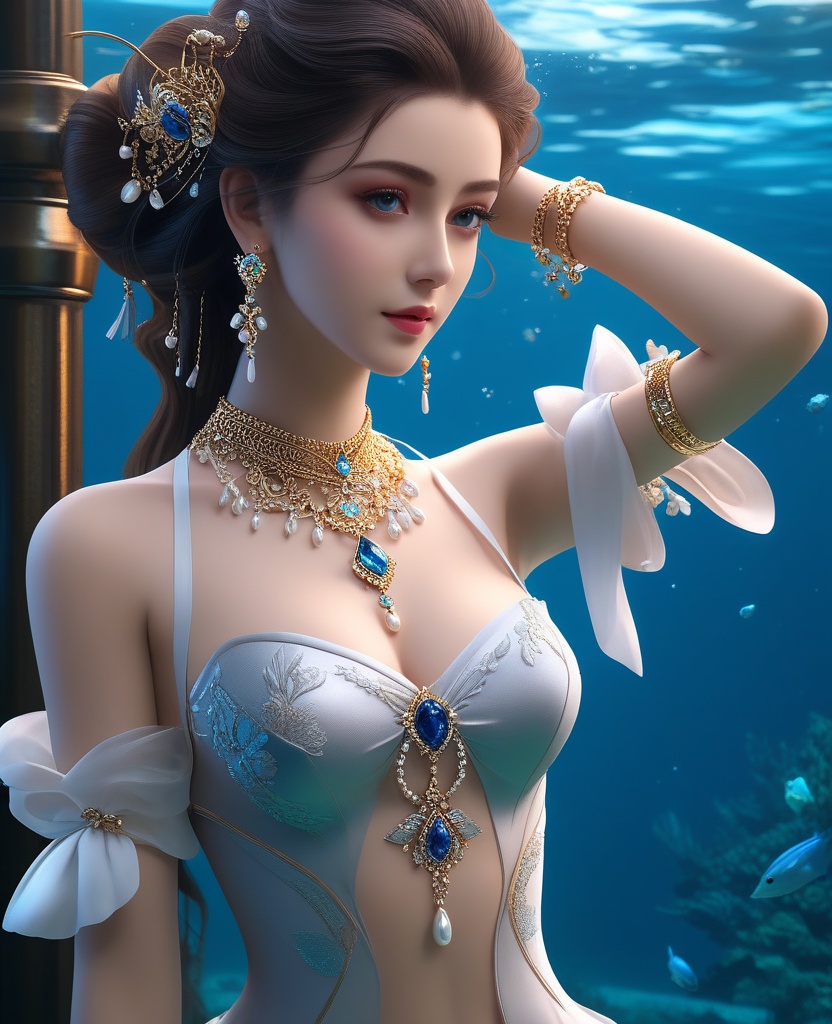 <lora:588-DA-XL-梦塔·雪谜城-白亦君:0.8>(,1girl, ,best quality, ),looking at viewer,masterpiece, ((((, solo,  , ,solo focus, ,underwater, )))) ,ultra realistic 8k cg,   clean, masterpiece,     cinematic lighting, cinematic bloom,  (( , )),, , unreal, science fiction, luxury, jewelry, diamond, gold, pearl, gem, sapphire, ruby, emerald, intricate detail, delicate pattern, charming, alluring, seductive, erotic, enchanting, hair ornament, necklace, earrings, bracelet, armlet,,(cleavage),