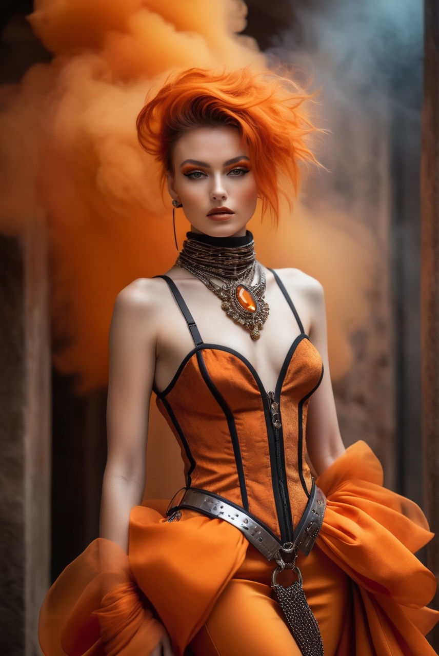 photo RAW,  Girl in eco friendly haute couture outfit in the style of BDSM,  surrealism on Tensor.Art
