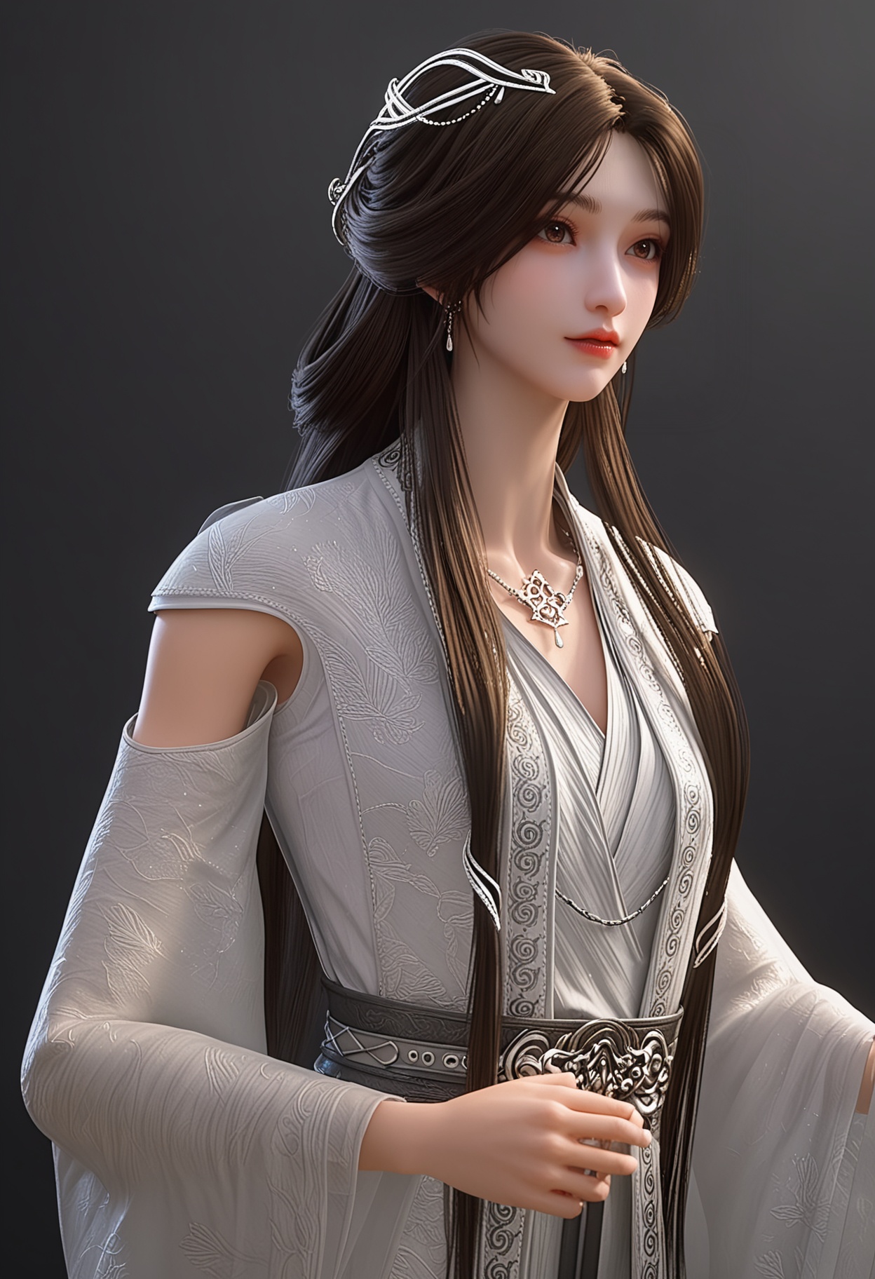 (cowboy shot:1.2),score_9,score_8_up,masterpiece,(best quality),intricate details,facing viewer,(looking at viewer:1.1),<lora:YQ_pony_yuxin2.0_V4:0.8>,q1528437228,1girl,solo,long hair,hair ornament,jewelry,earrings,dress,brown hair,white dress,necklace,black hair,brown eyes,chinese clothes,long sleeves,detached sleeves,wide sleeves,hair bun,BREAKscore_9,score_8_up,masterpiece,(best quality),perfect anatomy,(hourglass),perfect face,(simple background,pure black background,black background:1.1),fair_skin,shiny_skin,Ivory_skin,