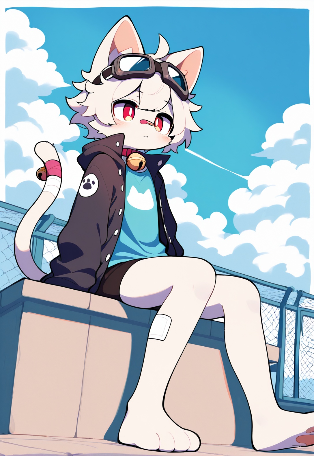 furry,cat boy,1boy,solo,male_focus,(white_hair:0.8),red eyes,[bell on collar,Collar,Cortical collar,Large collar],(blue t-shirt,black_leggings under shorts,black bike_shorts),(barefoot) BREAK dutch angle,vanishing point,sitting on rooftop,(blue sky,cloud,wind),(masterpiece, best quality:1.1),foot focus,goggles on head,bandage on nose,bandage on leg,Tail decoration,cat tail,Open coat,bare,body fur,anthro,