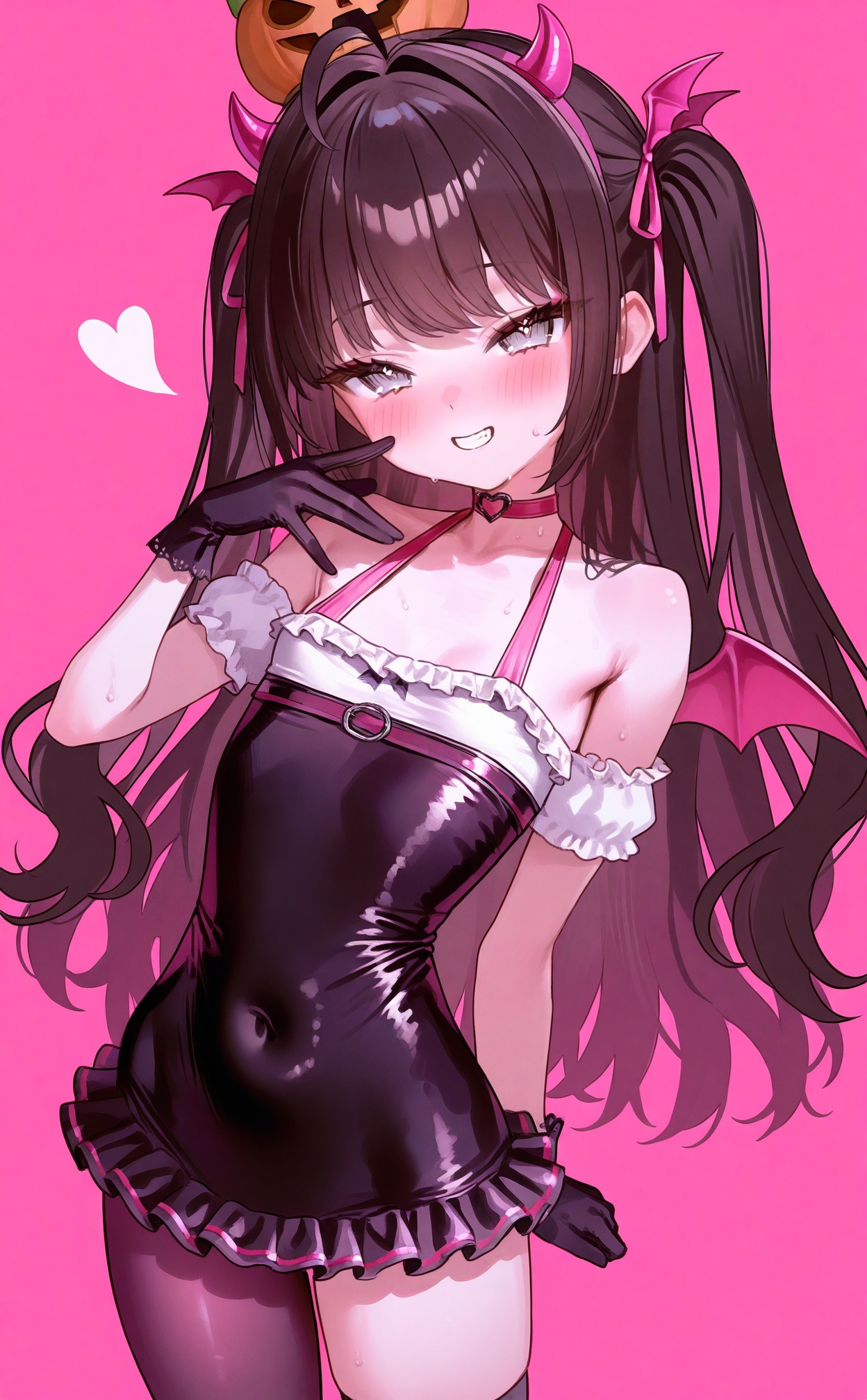 masterpiece,absurdres,best quality,loli,petite,high quality,//,1girl,horns,pink_choker,solo,smile,black_gloves,gloves,pink_background,looking_at_viewer,breasts,blush,covered_navel,grey_eyes,long_hair,small_breasts,two_side_up,bare_shoulders,black_hair,demon_horns,sweat,pink_horns,grin,wings,halloween,heart,frills,choker,ahoge,mask,twintails,hair_ribbon,single_thighhigh,pink_ribbon,ribbon,dress,single_leg_pantyhose,simple_background,mini_wings,jack-o'-lantern,fake_horns,pink_wings,halloween_costume,demon_girl,black_dress,frilled_dress,brown_hair,asymmetrical_legwear,//,<lora:FymriE——【noob】hans:1>,