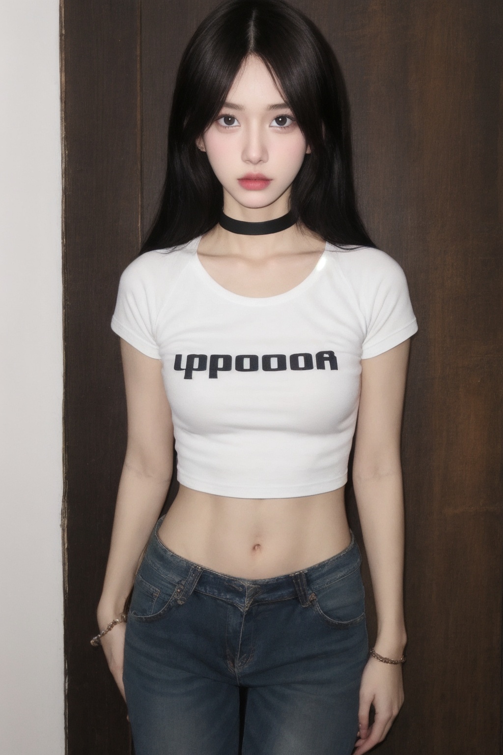 1girl, high quality, looking at viewer, upper body, t-shirt, skin tight, small breasts, choker, navel, jeans, <lora:songzhen_v3-000006:0.66>