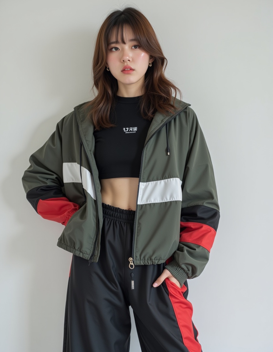 a real picture of a south korea woman,In Cropped windbreaker and track pants with side snaps,